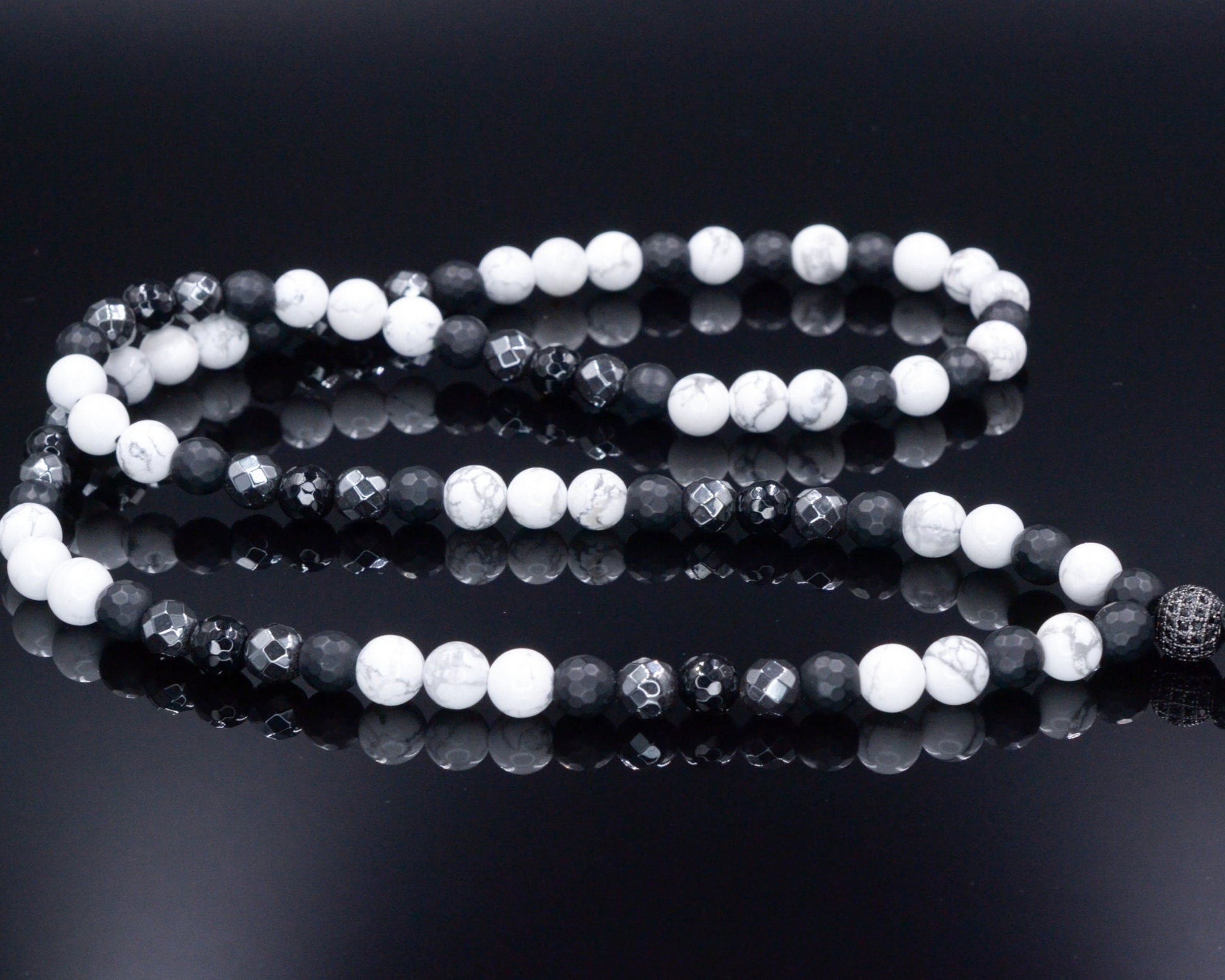 White Howlite Necklace - Men's Black Onyx Hematite Crystal Necklace - Long Beaded Necklace - Gift for Men - Summer Stone Necklace for Him - Shamballa Necklace - Birthstone Necklace - Gemstone Necklace Men - Chakra Necklace - Macrame Necklace  - Healing Necklace - Valinde