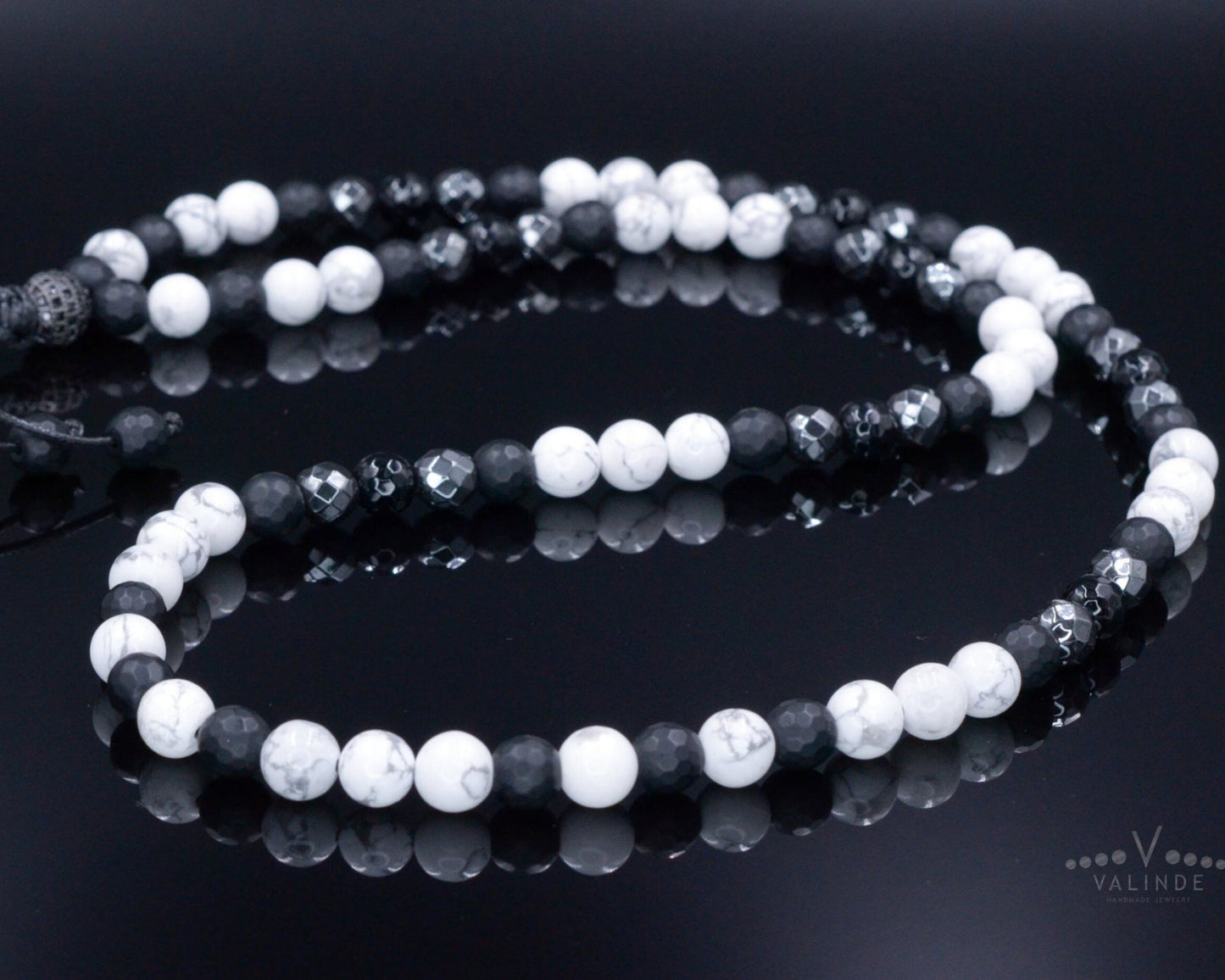 White Howlite Necklace - Men's Black Onyx Hematite Crystal Necklace - Long Beaded Necklace - Gift for Men - Summer Stone Necklace for Him - Shamballa Necklace - Birthstone Necklace - Gemstone Necklace Men - Chakra Necklace - Macrame Necklace - Healing Necklace - Valinde