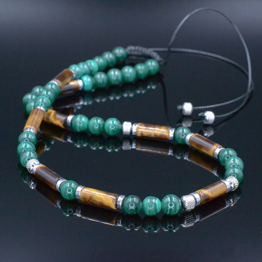Malachite Short Necklace Men - Men's Gemstone Tiger's Eye Beads Necklace - Gift for Men - Christmas Gift - Adjustable Crystal Necklace  - Shamballa Necklace - Birthstone Necklace - Gemstone Necklace Men - Chakra Necklace - Macrame Necklace  - Healing Necklace - Valinde