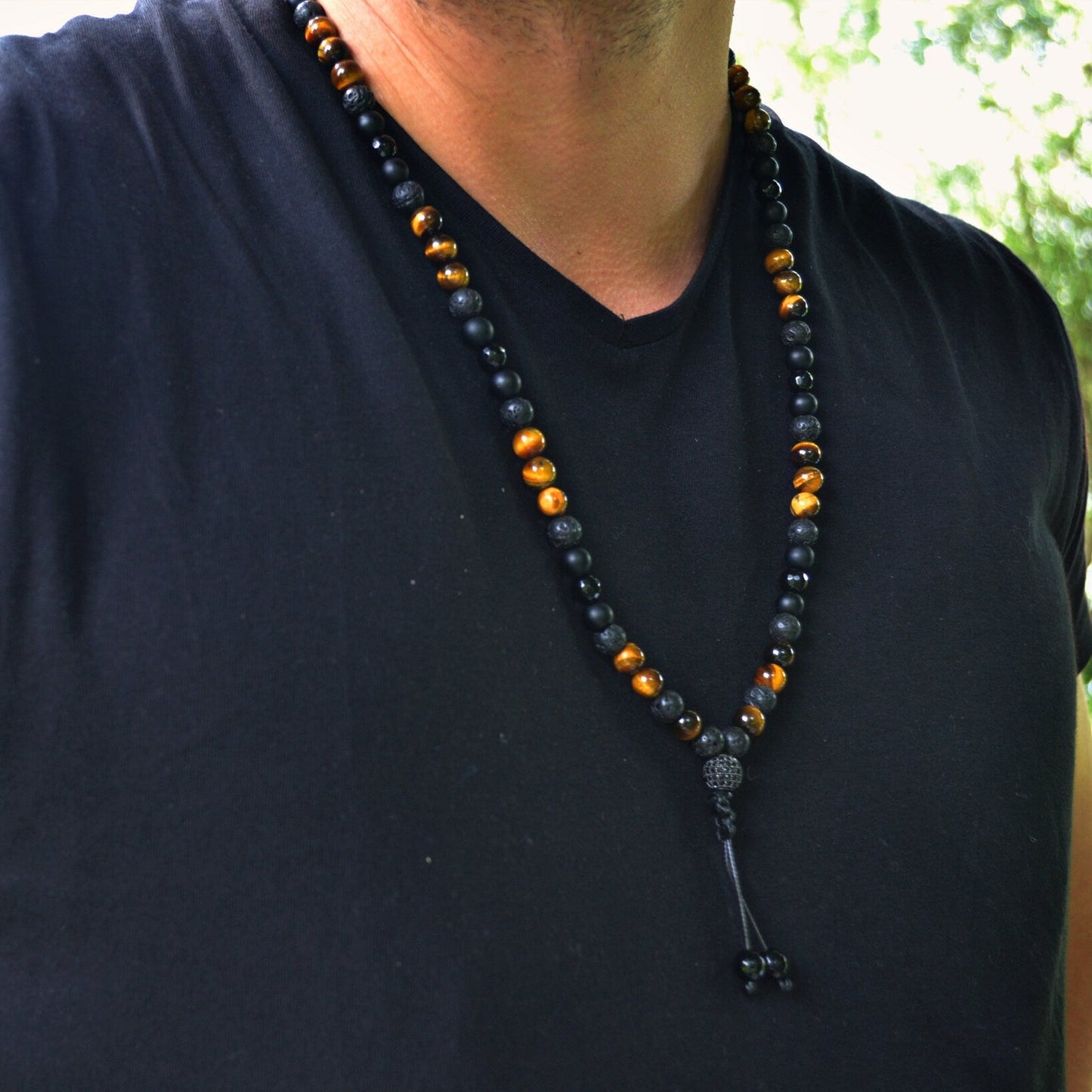 Men's Tiger's Eye Long Necklace Black Onyx Cubic Zirconia Necklace Gemstone Beaded Necklace Gift for Men Agate Lava Stone Necklace For Men - Shamballa Necklace - Birthstone Necklace - Gemstone Necklace Men - Chakra Necklace - Macrame Necklace - Healing Necklace