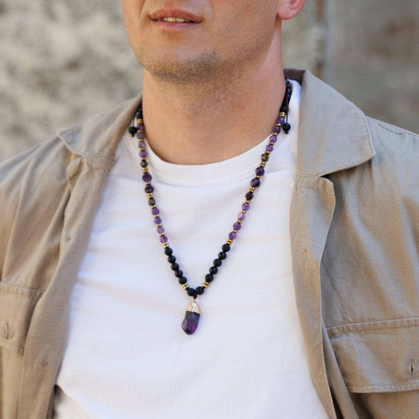 Genuine Amethyst Pendant Crystal Necklace, Men's Long Smoky Quartz Black Onyx Beaded Necklace, Gift for Men, Adjustable Macrame Necklace - Shamballa Necklace - Birthstone Necklace - Gemstone Necklace Men - Chakra Necklace - Macrame Necklace - Healing Necklace - Valinde