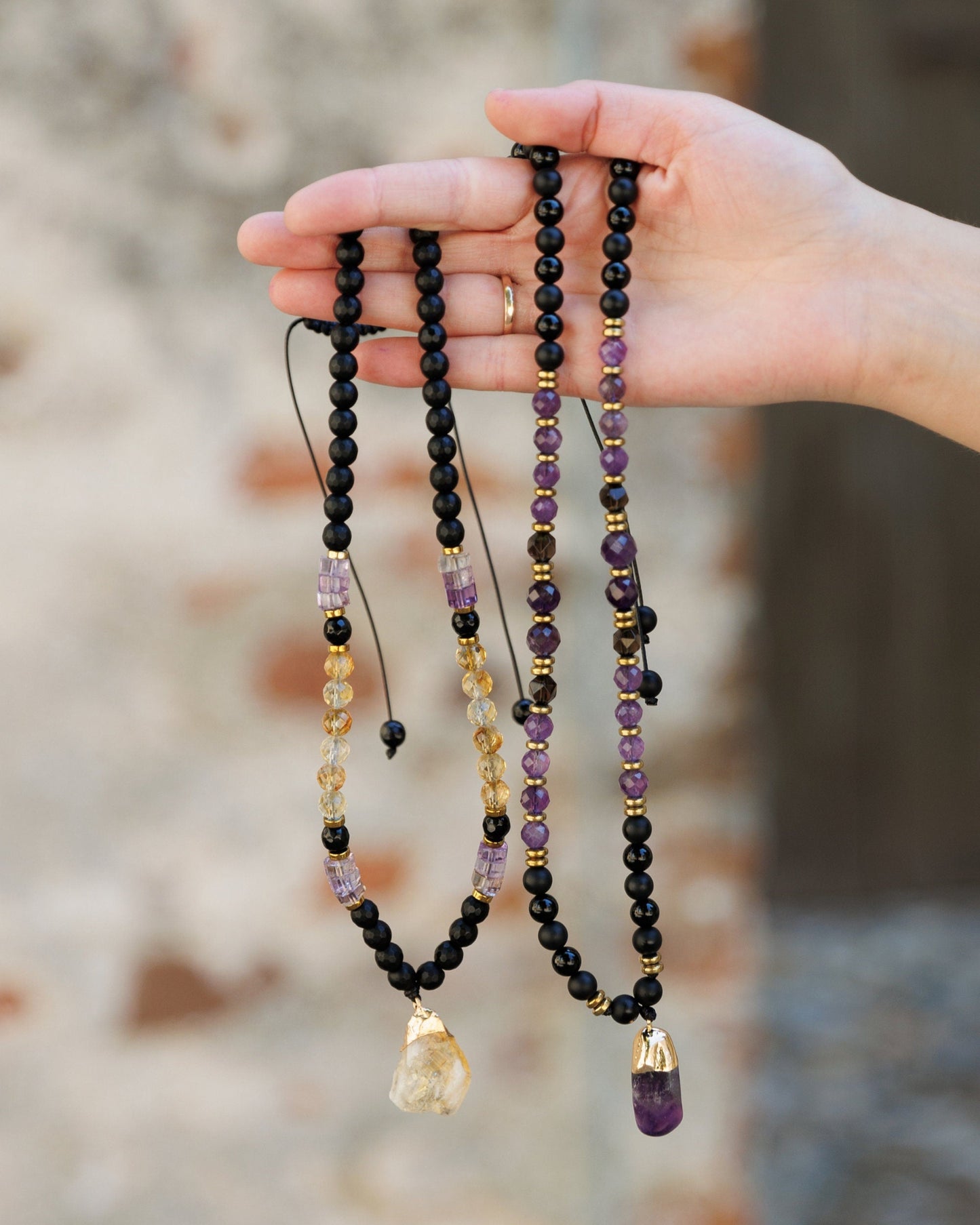 Genuine Amethyst Pendant Crystal Necklace, Men's Long Smoky Quartz Black Onyx Beaded Necklace, Gift for Men, Adjustable Macrame Necklace - Shamballa Necklace - Birthstone Necklace - Gemstone Necklace Men - Chakra Necklace - Macrame Necklace - Healing Necklace - Valinde