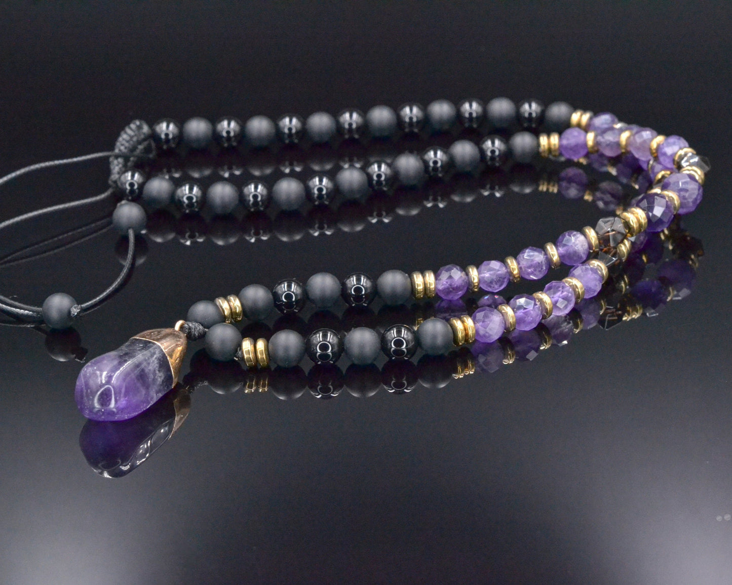Genuine Amethyst Pendant Crystal Necklace, Men's Long Smoky Quartz Black Onyx Beaded Necklace, Gift for Men, Adjustable Macrame Necklace - Shamballa Necklace - Birthstone Necklace - Gemstone Necklace Men - Chakra Necklace - Macrame Necklace - Healing Necklace - Valinde