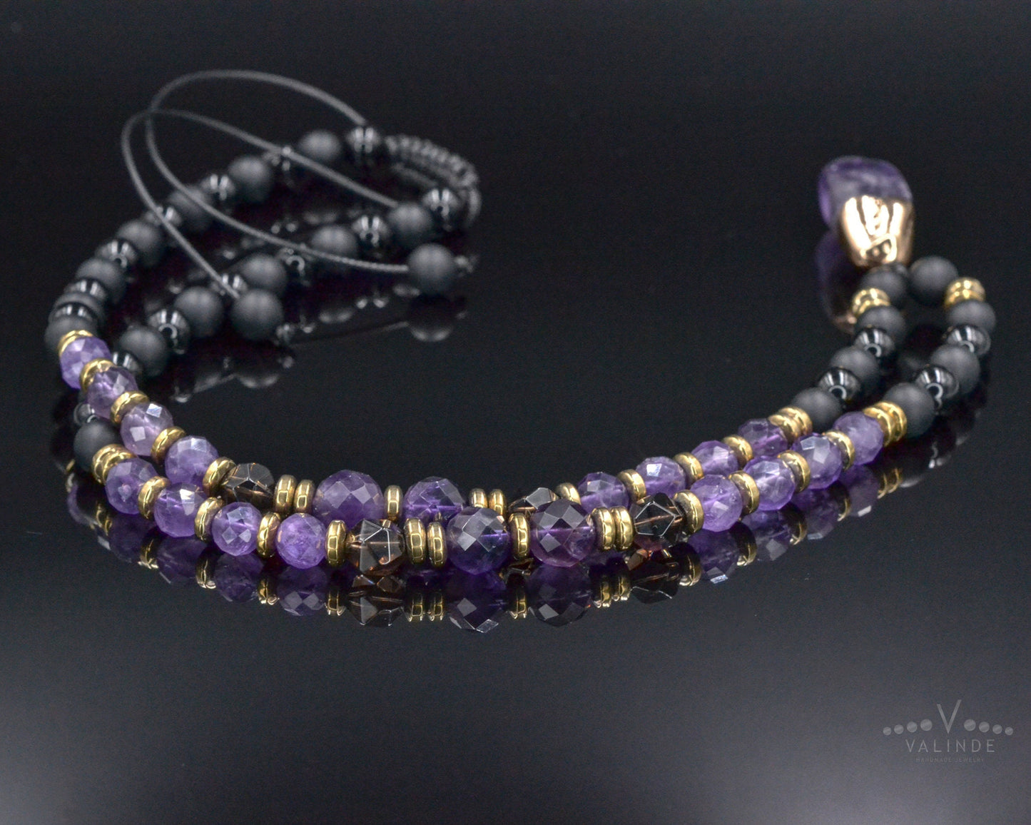 Genuine Amethyst Pendant Crystal Necklace, Men's Long Smoky Quartz Black Onyx Beaded Necklace, Gift for Men, Adjustable Macrame Necklace - Shamballa Necklace - Birthstone Necklace - Gemstone Necklace Men - Chakra Necklace - Macrame Necklace - Healing Necklace - Valinde