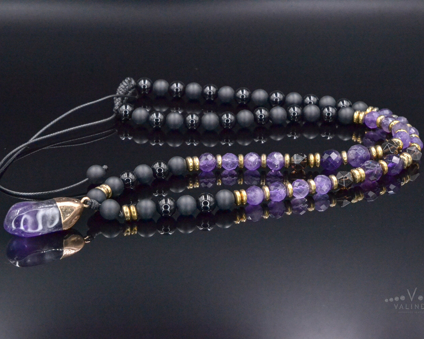 Genuine Amethyst Pendant Crystal Necklace, Men's Long Smoky Quartz Black Onyx Beaded Necklace, Gift for Men, Adjustable Macrame Necklace - Shamballa Necklace - Birthstone Necklace - Gemstone Necklace Men - Chakra Necklace - Macrame Necklace - Healing Necklace - Valinde