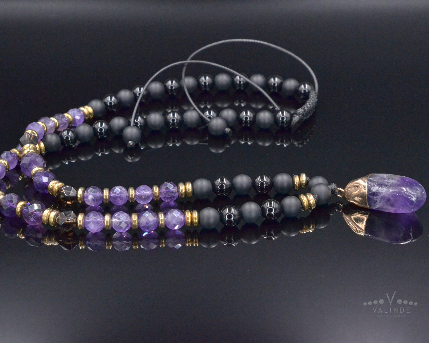 Genuine Amethyst Pendant Crystal Necklace, Men's Long Smoky Quartz Black Onyx Beaded Necklace, Gift for Men, Adjustable Macrame Necklace - Shamballa Necklace - Birthstone Necklace - Gemstone Necklace Men - Chakra Necklace - Macrame Necklace - Healing Necklace - Valinde