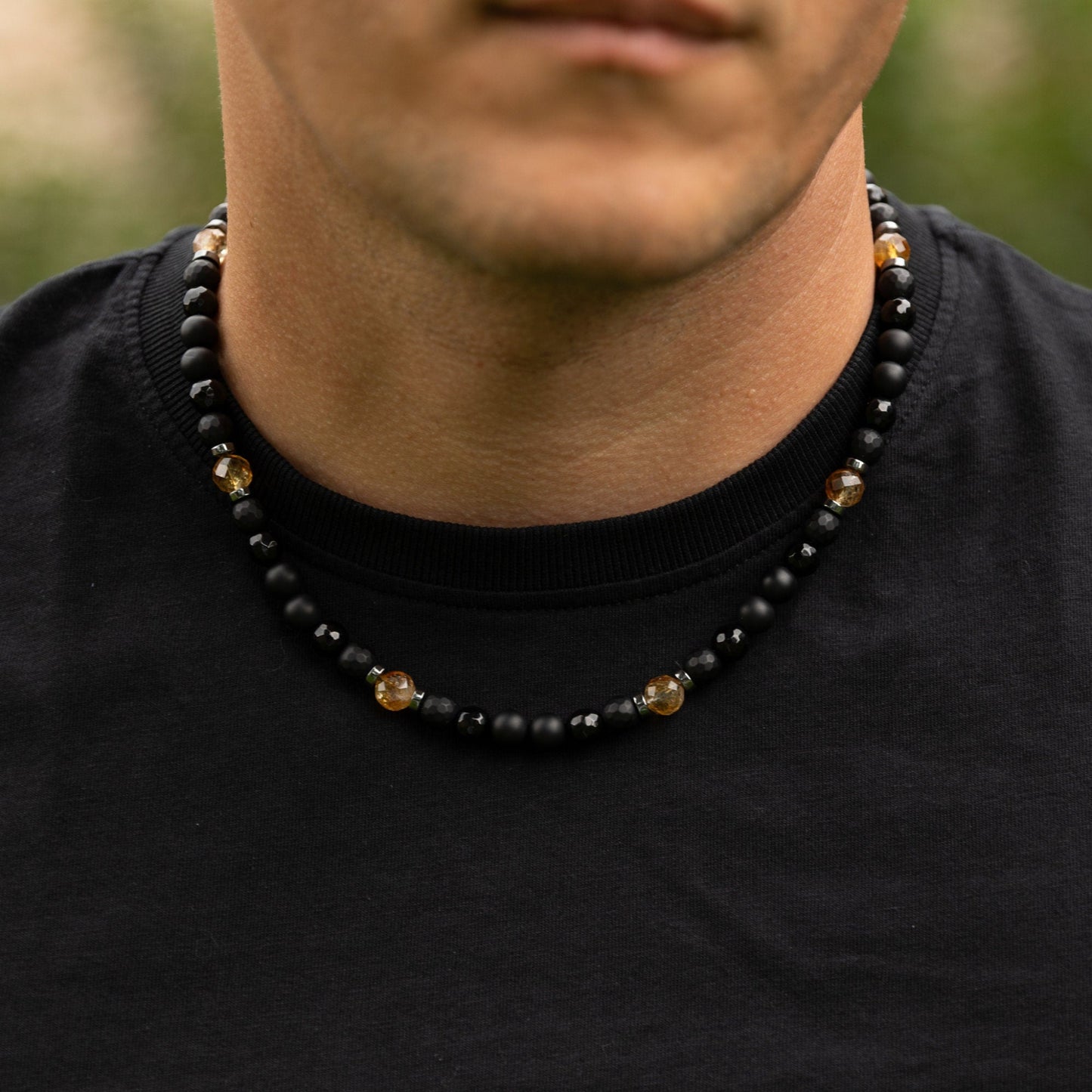 Citrine Summer Necklace, Men's Black Onyx Agate Adjustable Necklace, Short Beaded Crystal Necklace, Gift for Men, Gemstone Necklace - Shamballa Necklace - Birthstone Necklace - Gemstone Necklace Men - Chakra Necklace - Macrame Necklace - Healing Necklace - Valinde