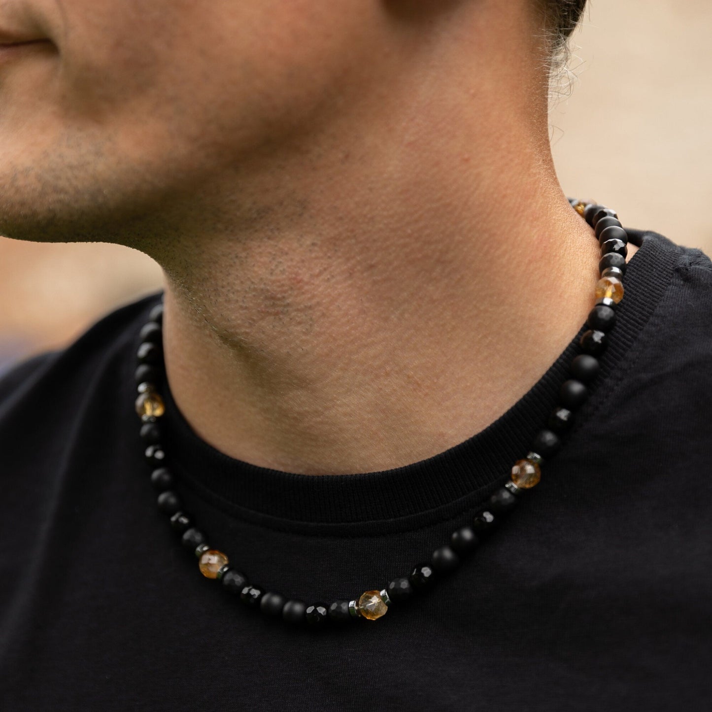 Citrine Summer Necklace, Men's Black Onyx Agate Adjustable Necklace, Short Beaded Crystal Necklace, Gift for Men, Gemstone Necklace - Shamballa Necklace - Birthstone Necklace - Gemstone Necklace Men - Chakra Necklace - Macrame Necklace - Healing Necklace - Valinde