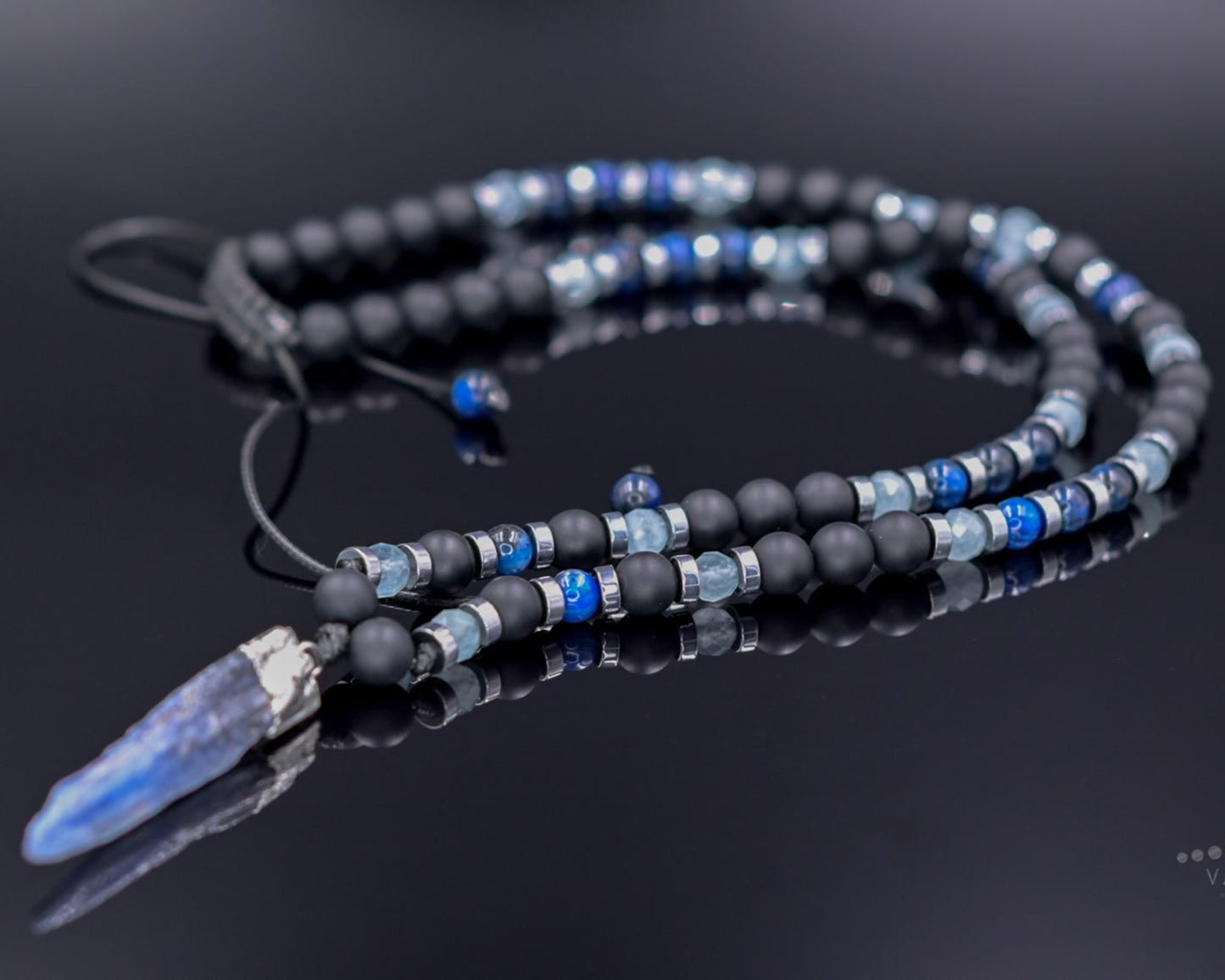 Men's Kyanite Long Necklace, Raw Kyanite Pendant Necklace, Aquamarine Onyx Crystal Beaded Necklace, Gift for Men,Adjustable Necklace for Men - Shamballa Necklace - Birthstone Necklace - Gemstone Necklace Men - Chakra Necklace - Macrame Necklace - Healing Necklace - Valinde