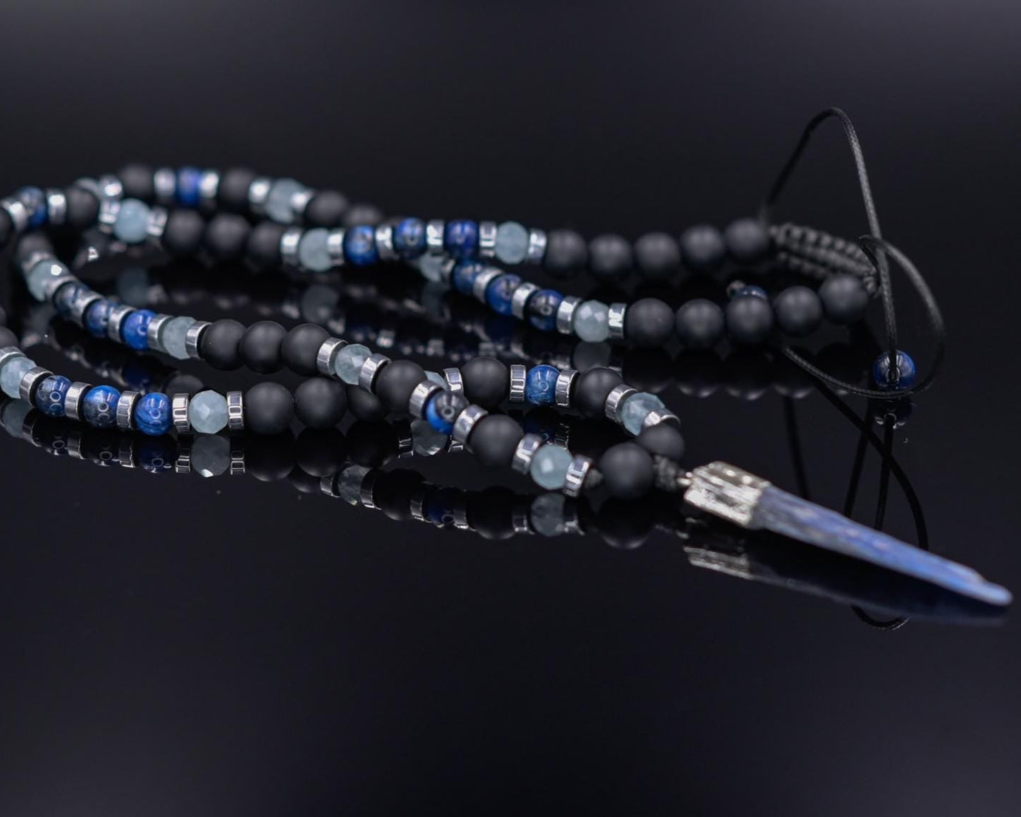 Men's Kyanite Long Necklace, Raw Kyanite Pendant Necklace, Aquamarine Onyx Crystal Beaded Necklace, Gift for Men,Adjustable Necklace for Men - Shamballa Necklace - Birthstone Necklace - Gemstone Necklace Men - Chakra Necklace - Macrame Necklace - Healing Necklace - Valinde