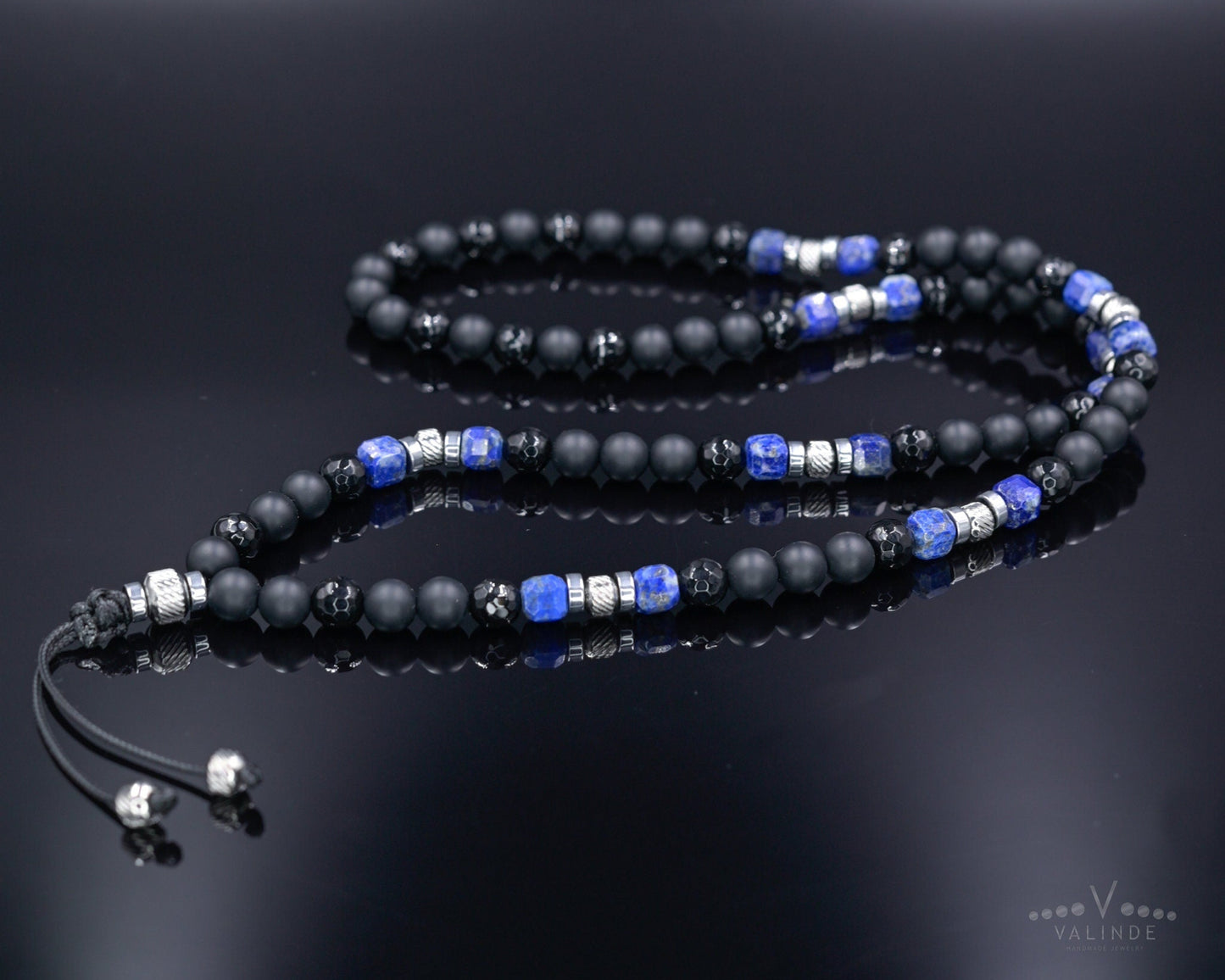 Lapis lazuli Necklace for Men, Men's Long Black Onyx Necklace, Agate Hematite Stone Necklace, Gift for Men, Crystal Beaded Necklace - Shamballa Necklace - Birthstone Necklace - Gemstone Necklace Men - Chakra Necklace - Macrame Necklace - Healing Necklace - Valinde