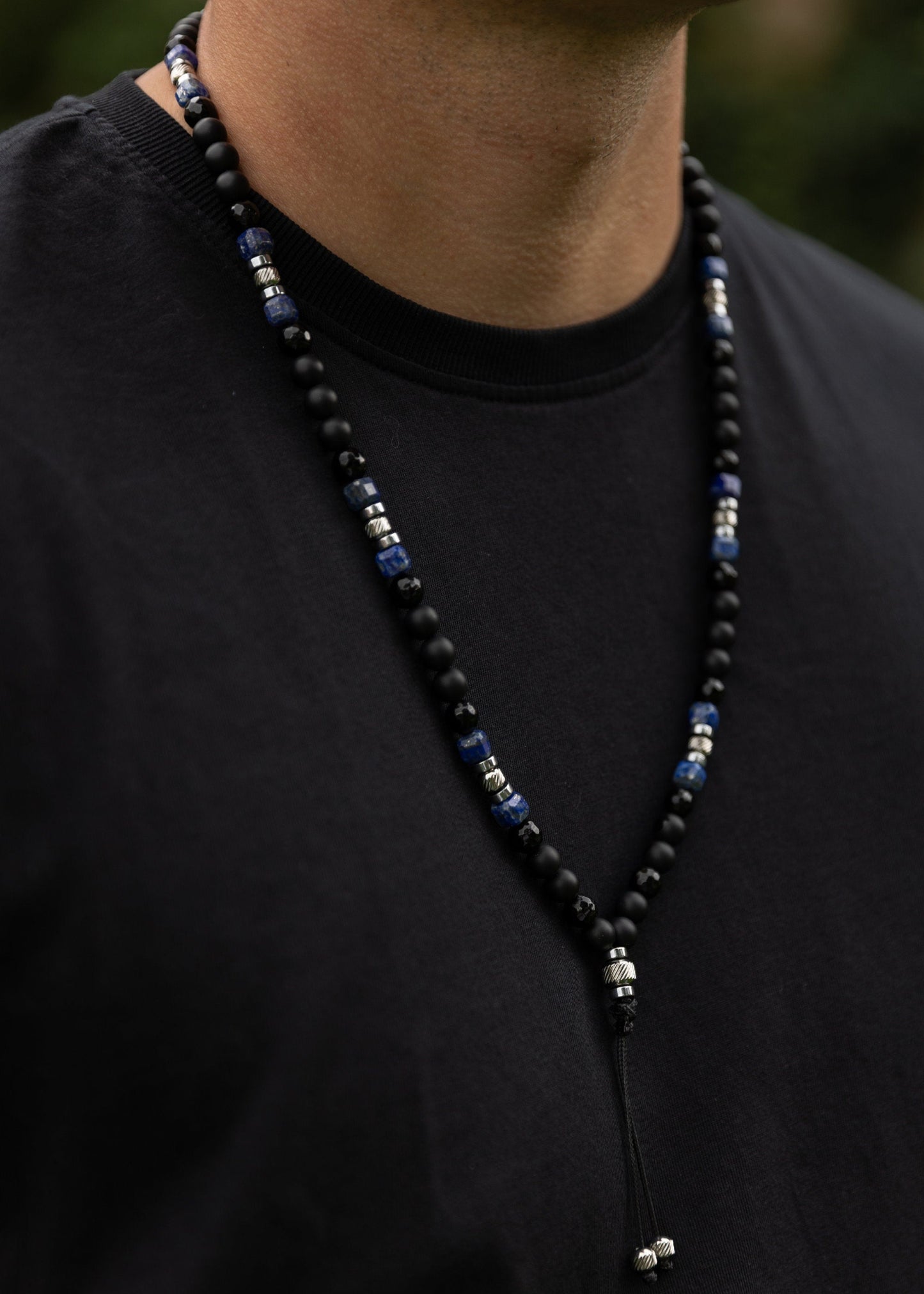 Lapis lazuli Necklace for Men, Men's Long Black Onyx Necklace, Agate Hematite Stone Necklace, Gift for Men, Crystal Beaded Necklace