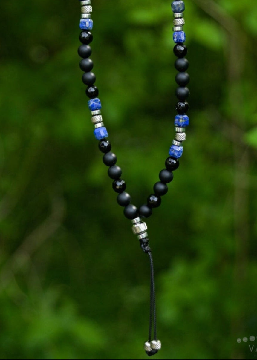 Lapis lazuli Necklace for Men, Men's Long Black Onyx Necklace, Agate Hematite Stone Necklace, Gift for Men, Crystal Beaded Necklace - Shamballa Necklace - Birthstone Necklace - Gemstone Necklace Men - Chakra Necklace - Macrame Necklace - Healing Necklace - Valinde