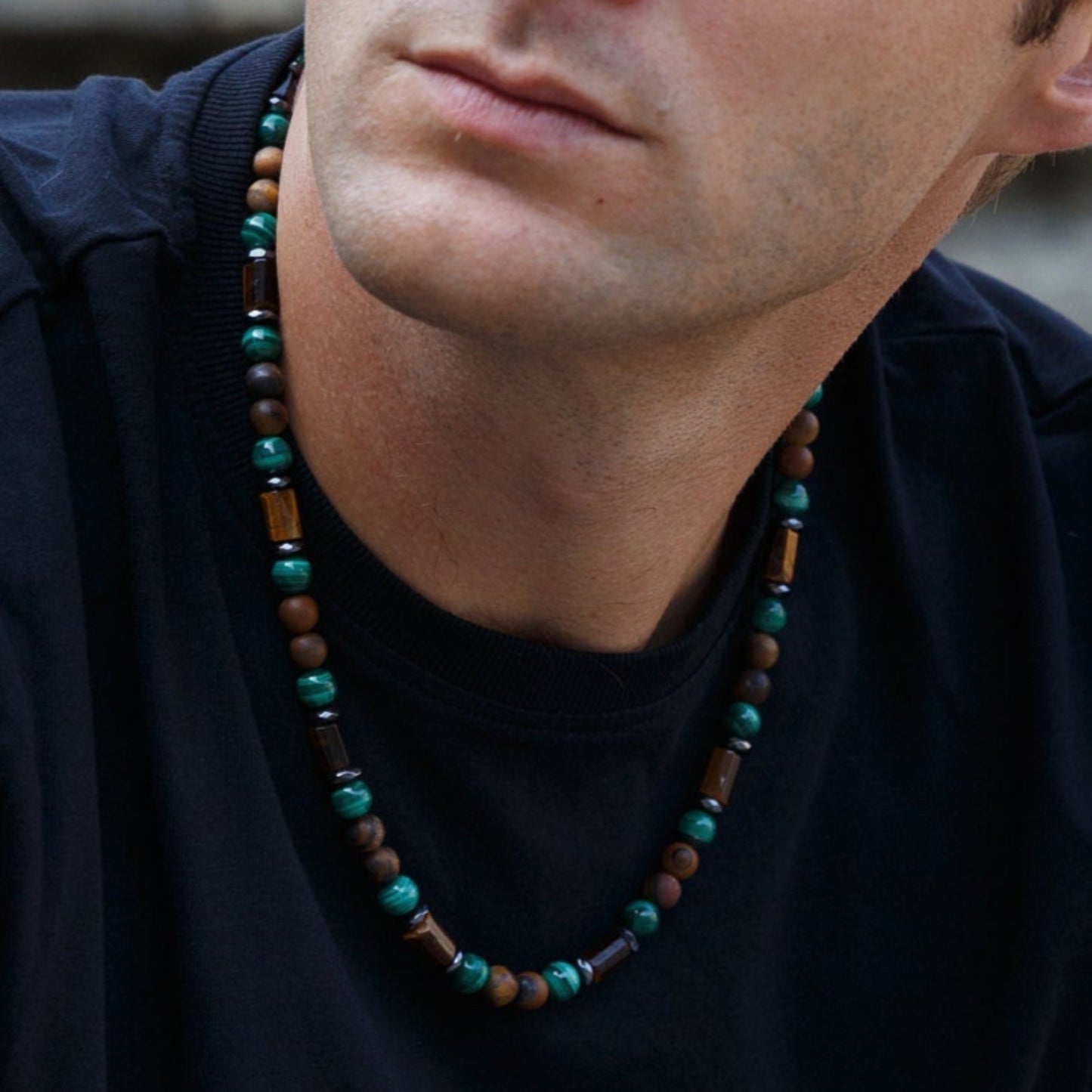 Malachite Tiger's Eye Crystal Necklace - Men's Short Beaded Necklace - Gift for Men - Adjustable Surfer Necklace - Malachite Jewelry for Men - - Shamballa Necklace - Birthstone Necklace - Gemstone Necklace Men - Chakra Necklace - Macrame Necklace - Healing Necklace