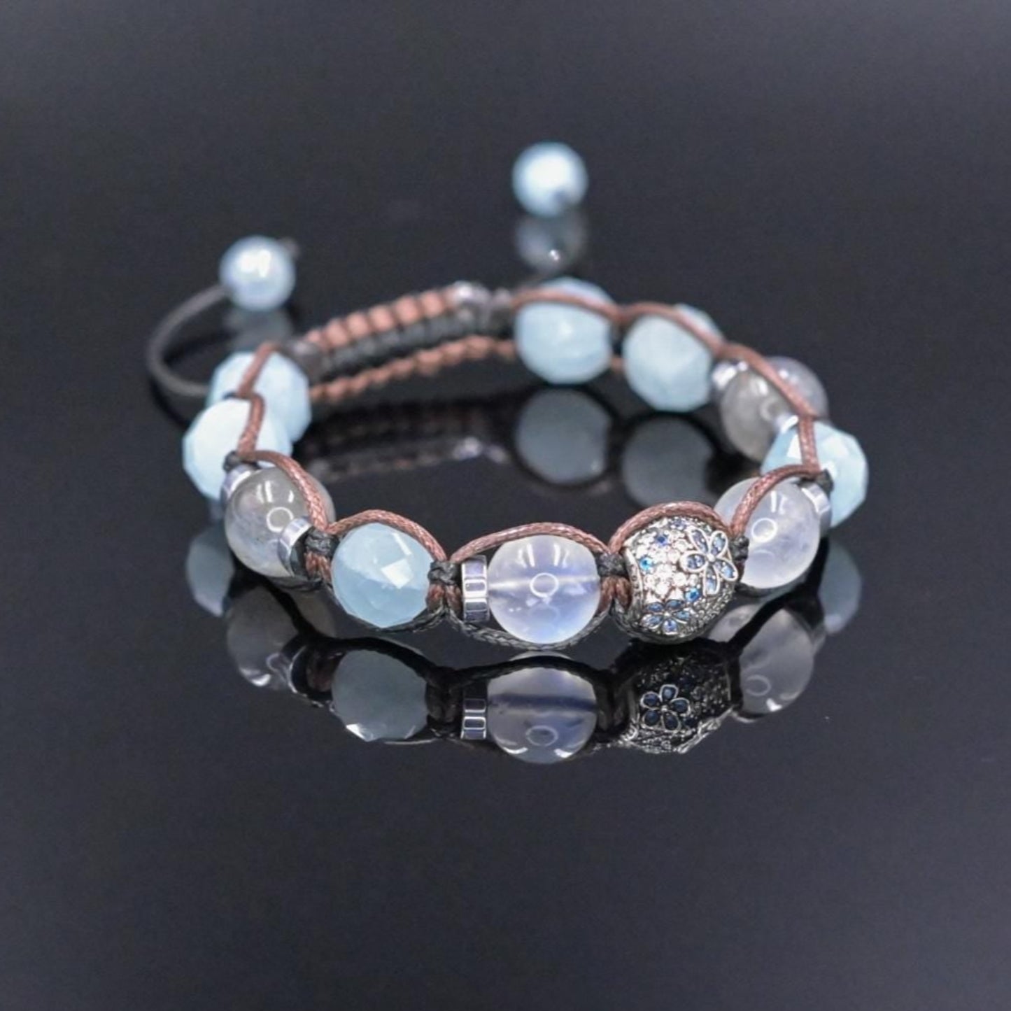 Genuine Aquamarine Moonstone Labradorite Gemstone Bracelet, Women's 925 Silver Bead Bracelet, Adjustable Crystal Bracelet,Gift for Her/Woman - Shamballa Bracelet - Birthstone Bracelet - Gemstone Bracelet Women - Chakra Bracelet - Macrame Bracelet - Healing Bracelet - Valinde