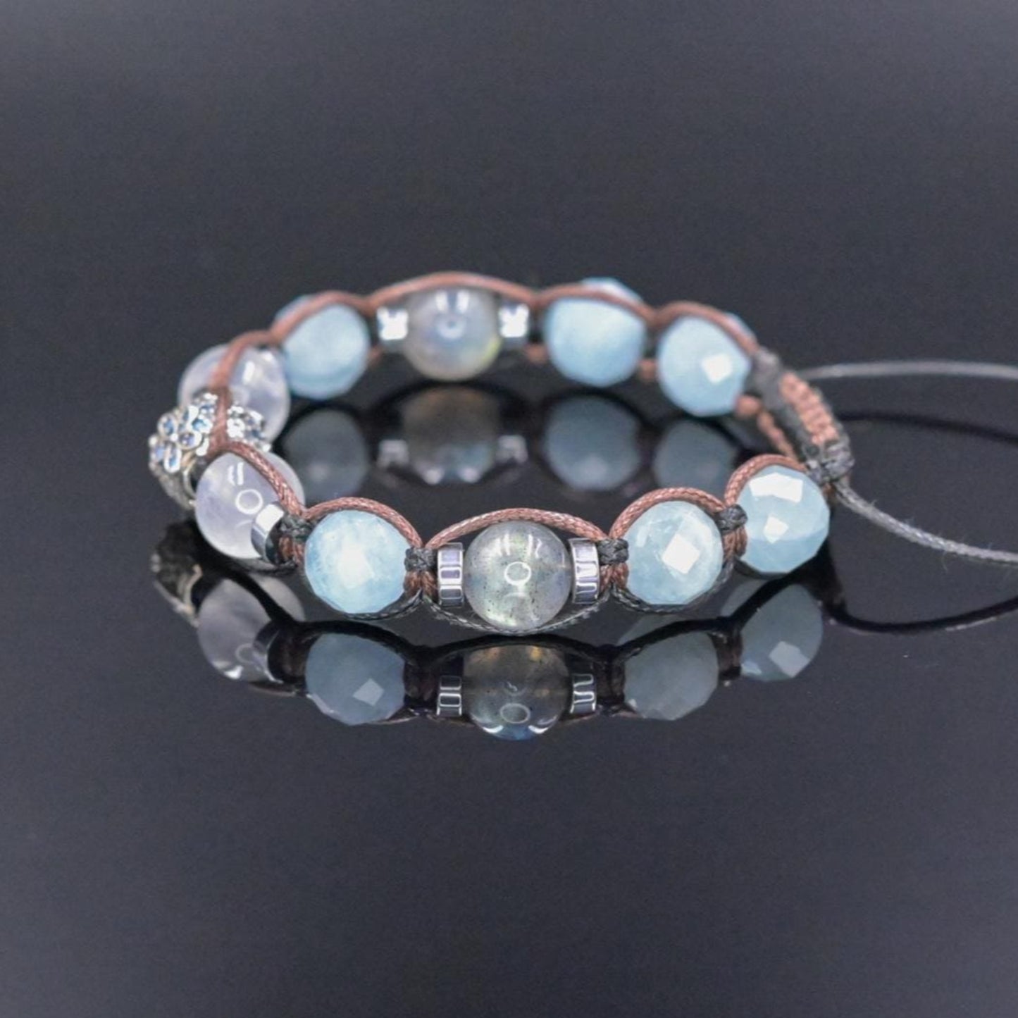 Genuine Aquamarine Moonstone Labradorite Gemstone Bracelet, Women's 925 Silver Bead Bracelet, Adjustable Crystal Bracelet,Gift for Her/Woman - Shamballa Bracelet - Birthstone Bracelet - Gemstone Bracelet Women - Chakra Bracelet - Macrame Bracelet - Healing Bracelet - Valinde
