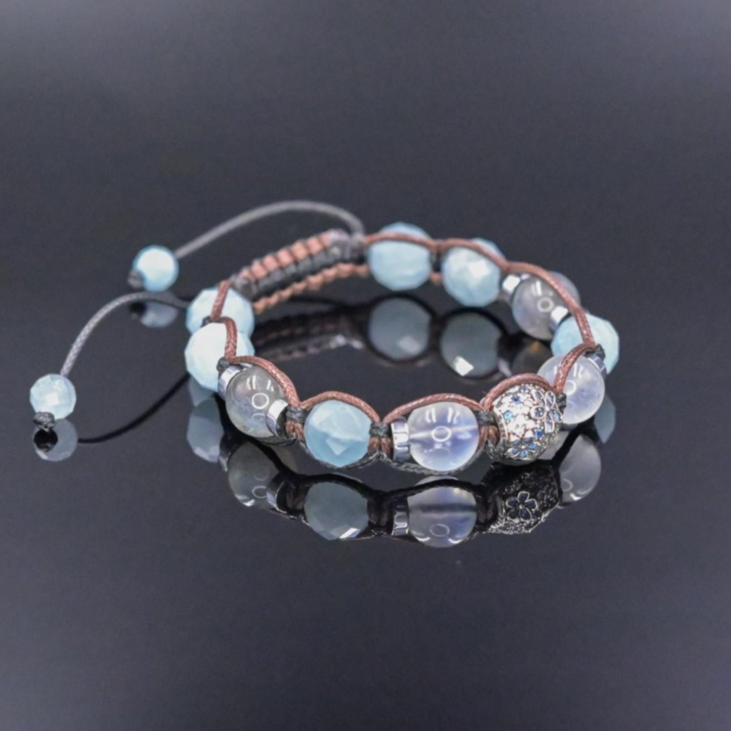 Genuine Aquamarine Moonstone Labradorite Gemstone Bracelet, Women's 925 Silver Bead Bracelet, Adjustable Crystal Bracelet,Gift for Her/Woman - Shamballa Bracelet - Birthstone Bracelet - Gemstone Bracelet Women - Chakra Bracelet - Macrame Bracelet - Healing Bracelet - Valinde