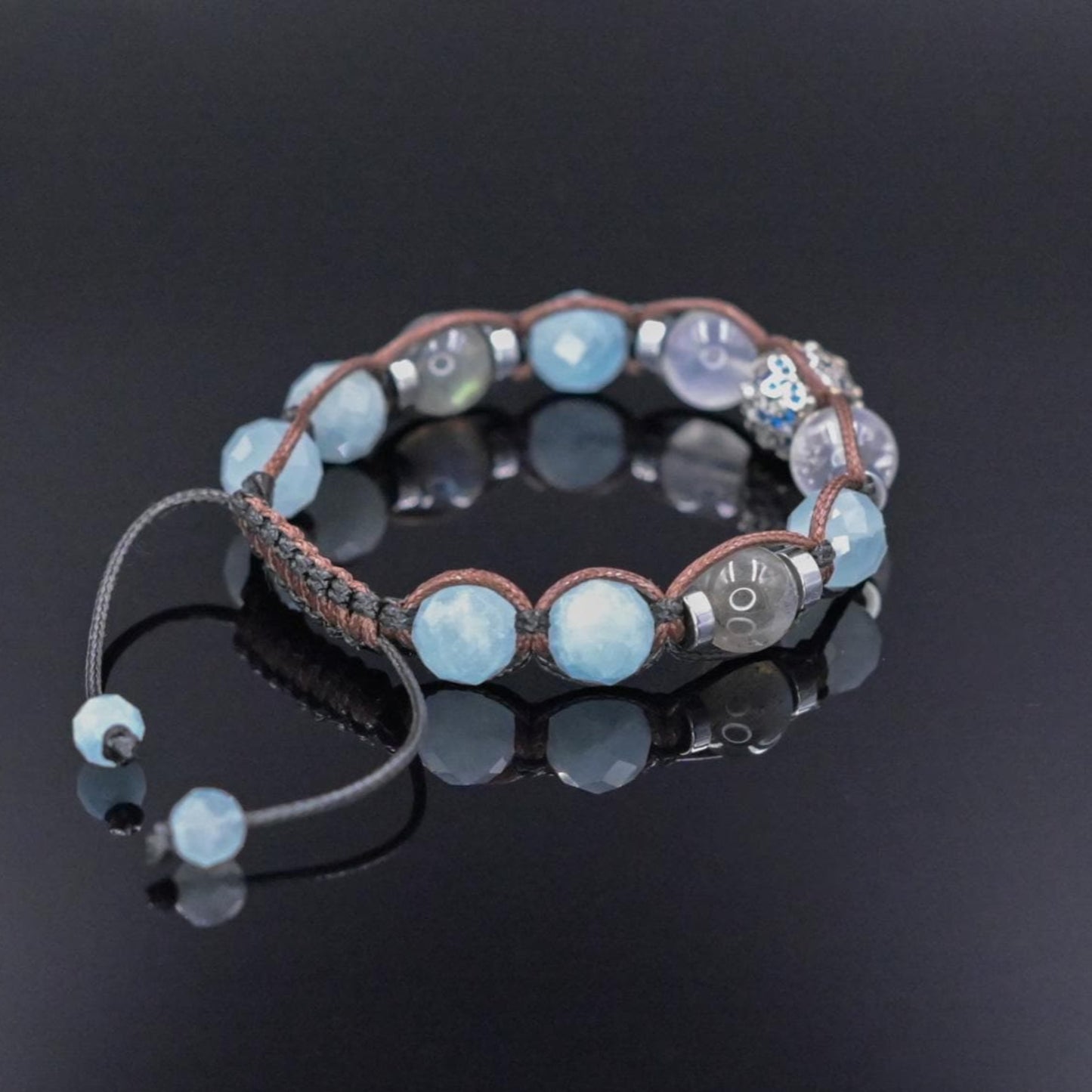 Genuine Aquamarine Moonstone Labradorite Gemstone Bracelet, Women's 925 Silver Bead Bracelet, Adjustable Crystal Bracelet,Gift for Her/Woman - Shamballa Bracelet - Birthstone Bracelet - Gemstone Bracelet Women - Chakra Bracelet - Macrame Bracelet - Healing Bracelet - Valinde