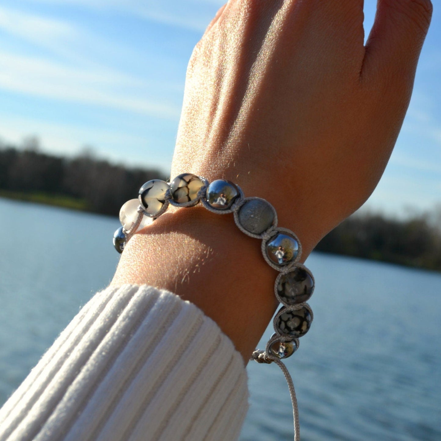 Women's Grey Agate Bracelet Hematite Bracelet Mantra Bracelet Crystal Bracelet Gift for Women Adjustable Macrame Bracelet Beaded Bracelet -Mantra OM Mani Padme Hum - Shamballa Bracelet - Birthstone Bracelet - Gemstone Bracelet Women - Chakra Bracelet - Macrame Bracelet - Healing Bracelet - Valinde