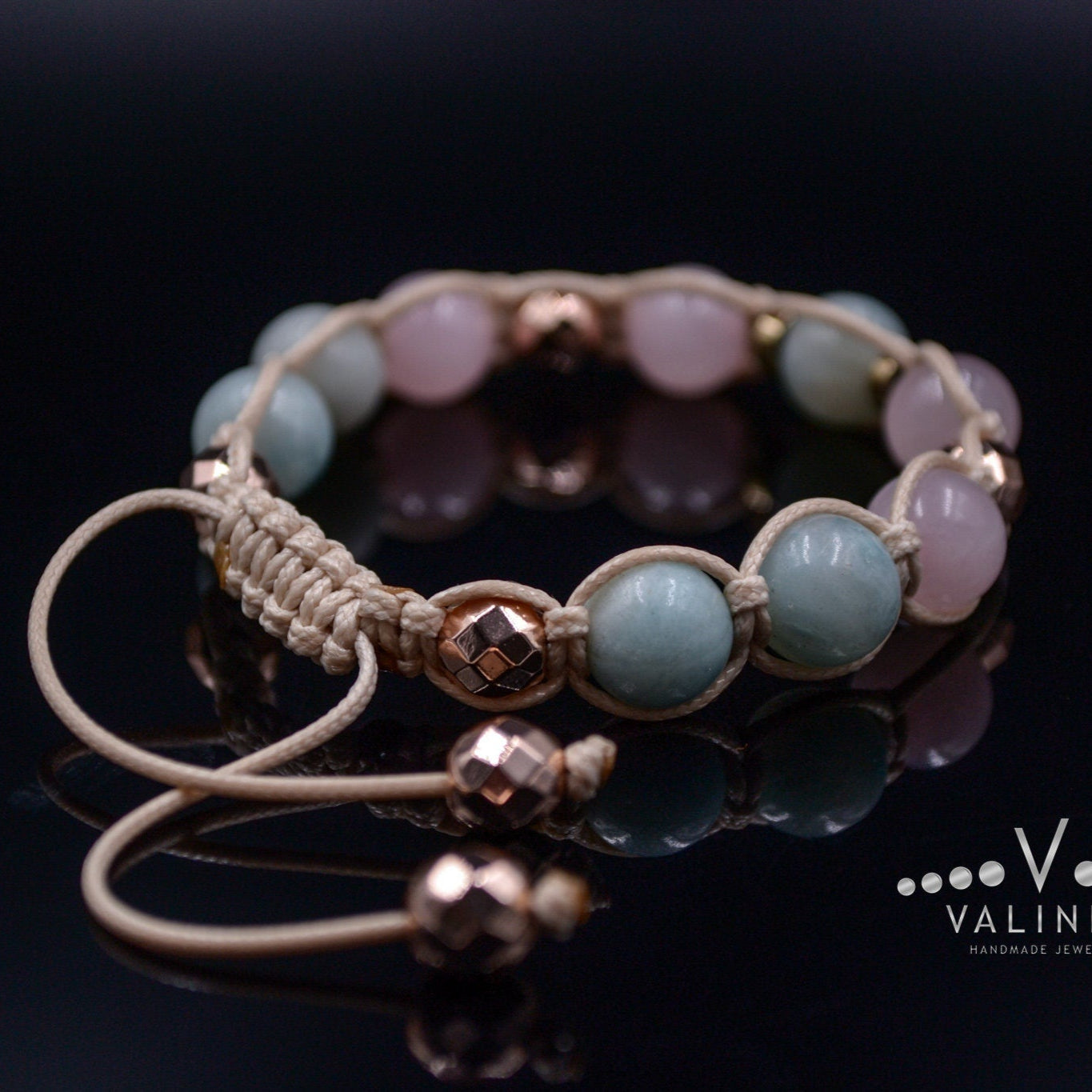 Women's Amazonite Beaded Bracelet Rose Quartz and Hematite Bracelet Crystal Bracelet Gift for Woman Adjustable Bracelet Macrame Bracelet - Shamballa Bracelet - Birthstone Bracelet - Gemstone Bracelet Women - Chakra Bracelet - Macrame Bracelet - Healing Bracelet - Valinde