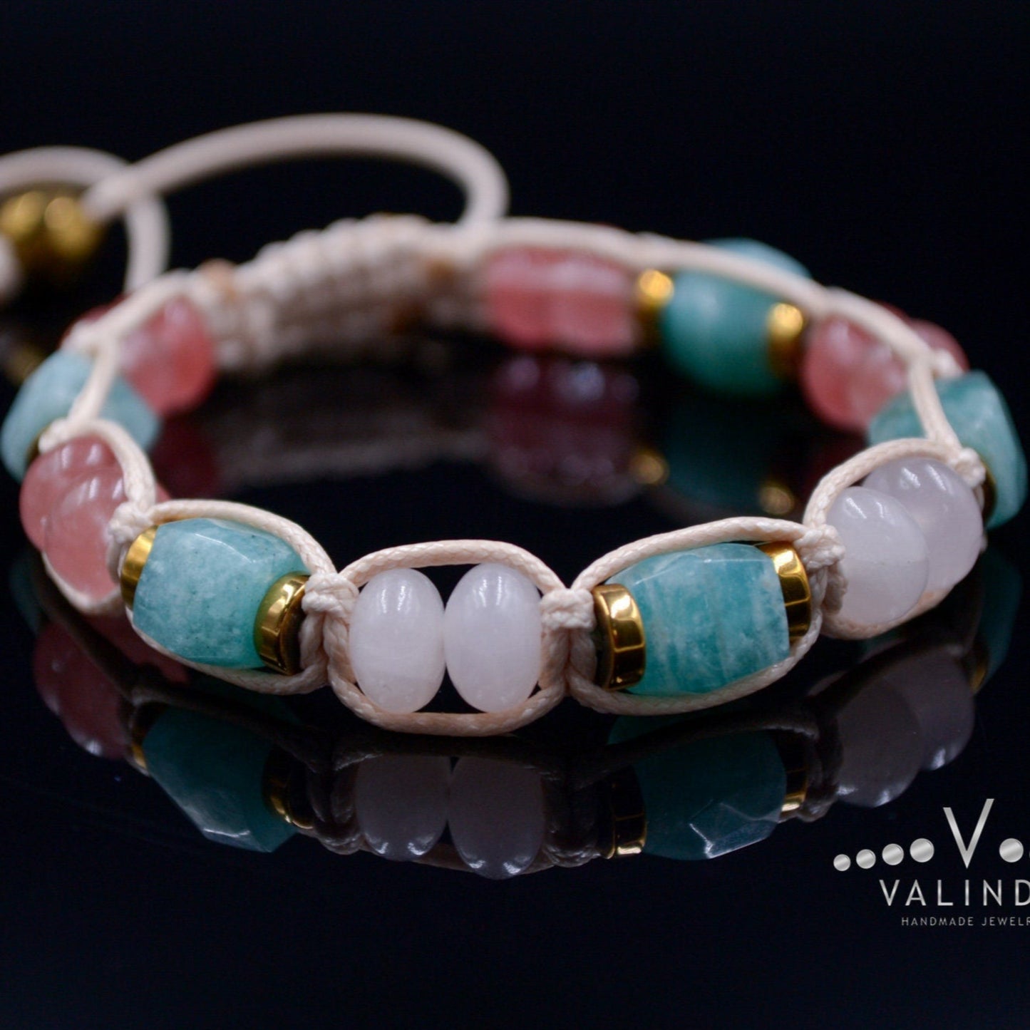 Women's Amazonite Bracelet Gift for Woman Rose Quartz Gemstone Bracelet Gold Hematite Bracelet Crystal Bracelet Adjustable Beaded Bracelet - Shamballa Bracelet - Birthstone Bracelet - Gemstone Bracelet Men - Chakra Bracelet - Macrame Bracelet - Healing Bracelet - Valinde