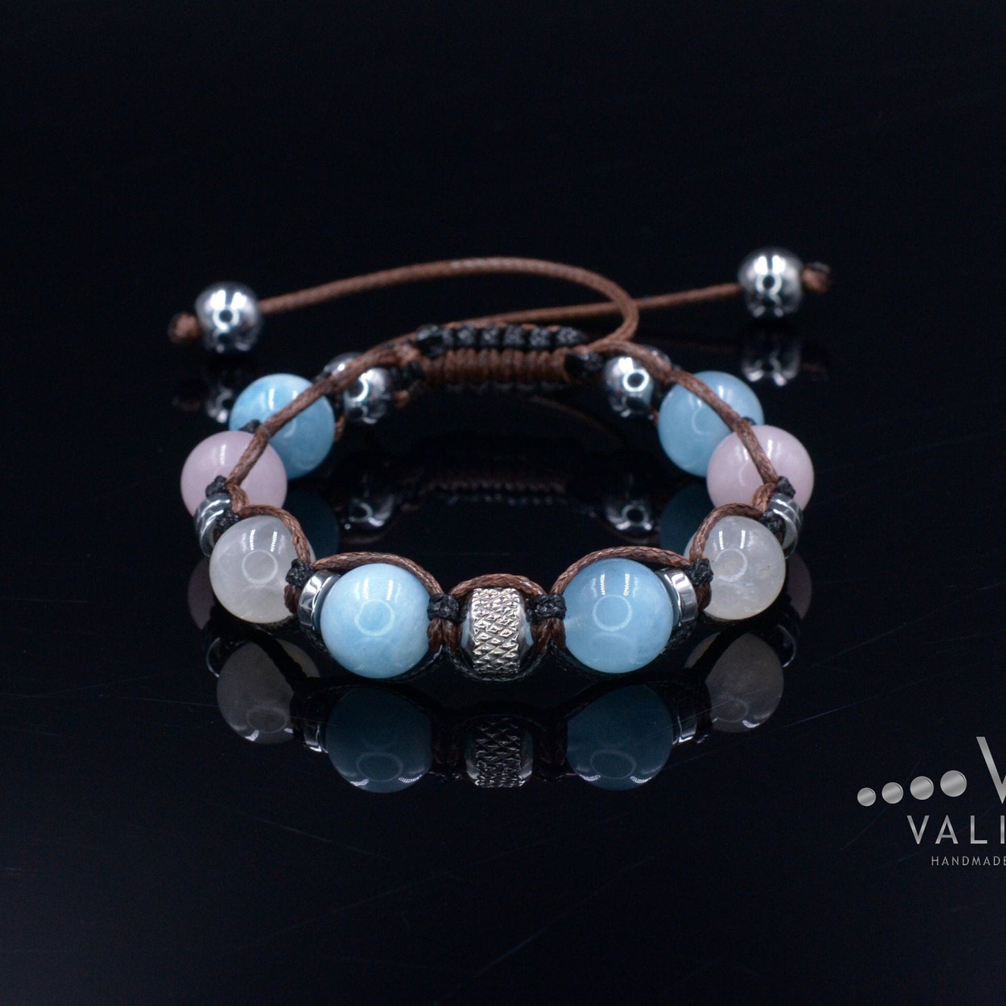 Women's Aquamarine Bracelet Moonstone & Rose Quartz Crystal Bracelet Gift for Woman Christmas Gift Adjustable Beaded Bracelet for Women - Shamballa Bracelet - Birthstone Bracelet - Gemstone Bracelet Women - Chakra Bracelet - Macrame Bracelet - Healing Bracelet - Valinde