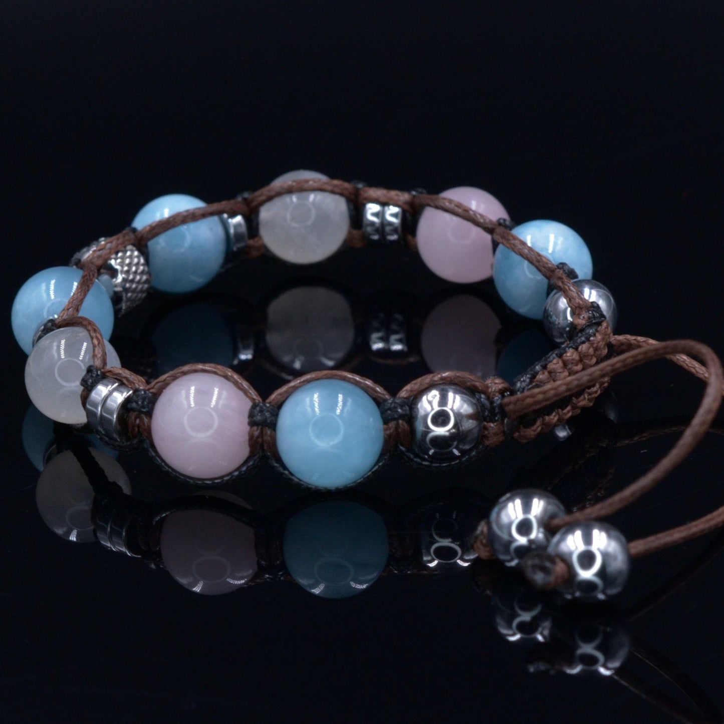 Women's Aquamarine Bracelet Moonstone & Rose Quartz Crystal Bracelet Gift for Woman Christmas Gift Adjustable Beaded Bracelet for Women - Shamballa Bracelet - Birthstone Bracelet - Gemstone Bracelet Women - Chakra Bracelet - Macrame Bracelet - Healing Bracelet - Valinde