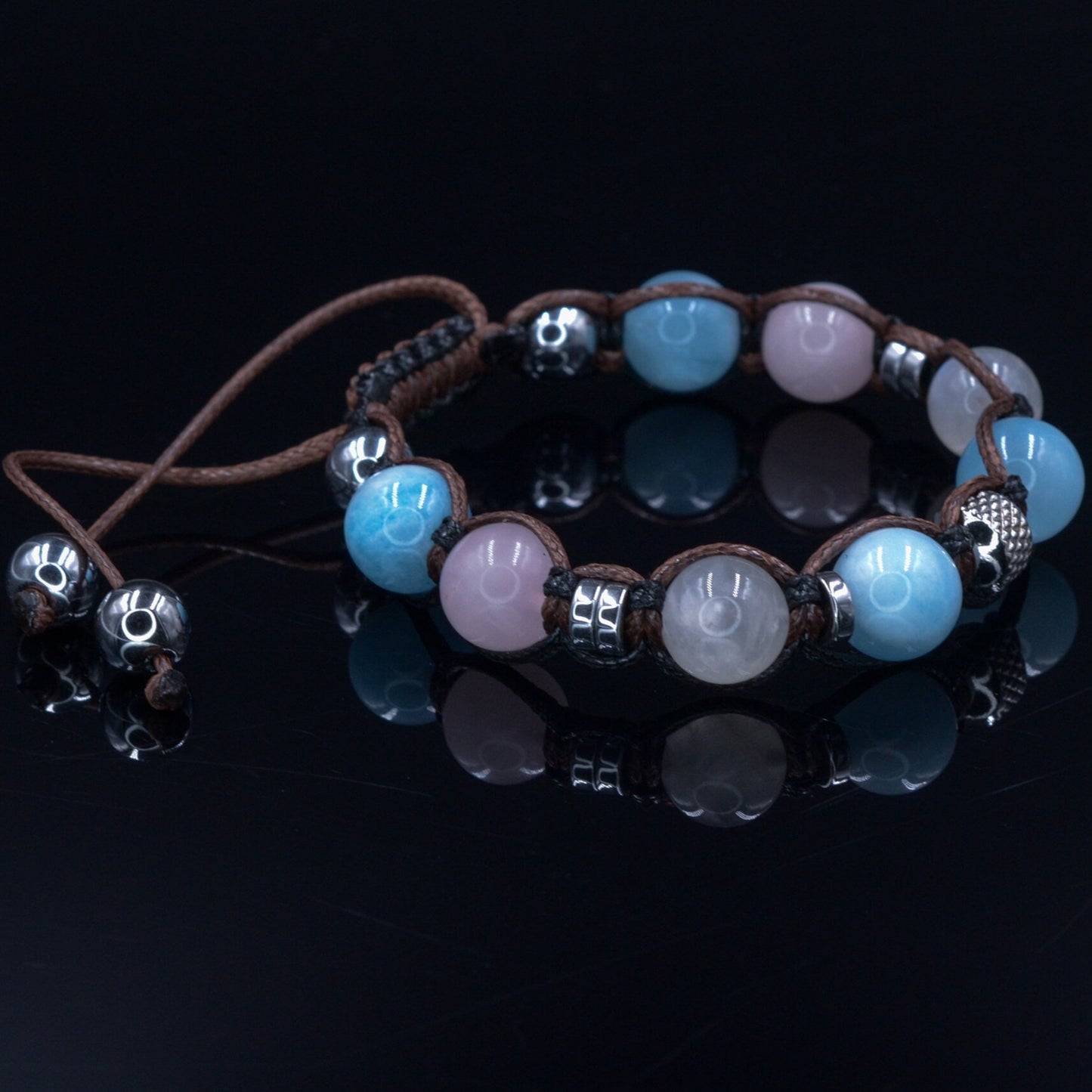 Women's Aquamarine Bracelet Moonstone & Rose Quartz Crystal Bracelet Gift for Woman Christmas Gift Adjustable Beaded Bracelet for Women - Shamballa Bracelet - Birthstone Bracelet - Gemstone Bracelet Women - Chakra Bracelet - Macrame Bracelet - Healing Bracelet - Valinde