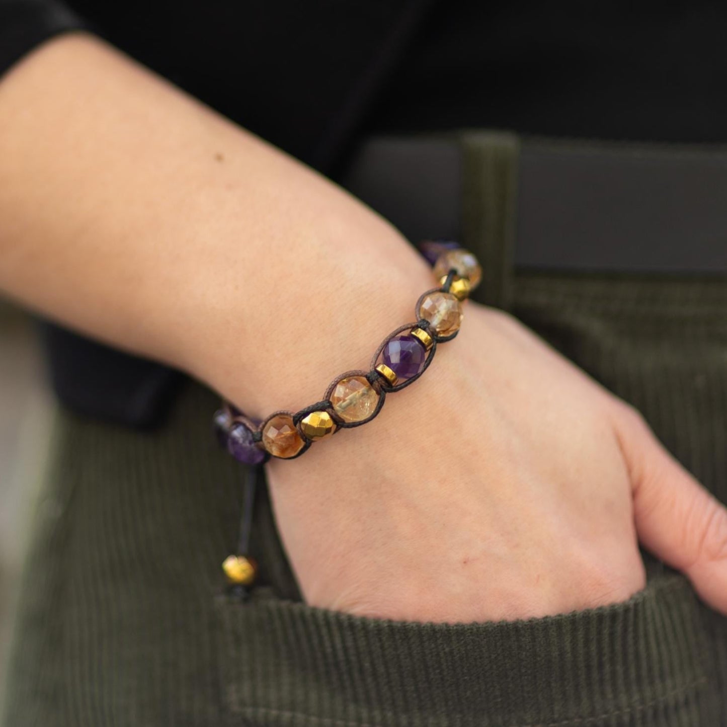 Genuine Citrine Amethyst Crystal Beaded Bracelet, Women's Gemstone Hematite Adjustable Braided Bracelet, Gift for Her, Women's Gift - Shamballa Bracelet - Birthstone Bracelet - Yoga Bracelet - Gemstone Bracelet Women - Chakra Bracelet - Macrame Bracelet - Healing Bracelet - Valinde