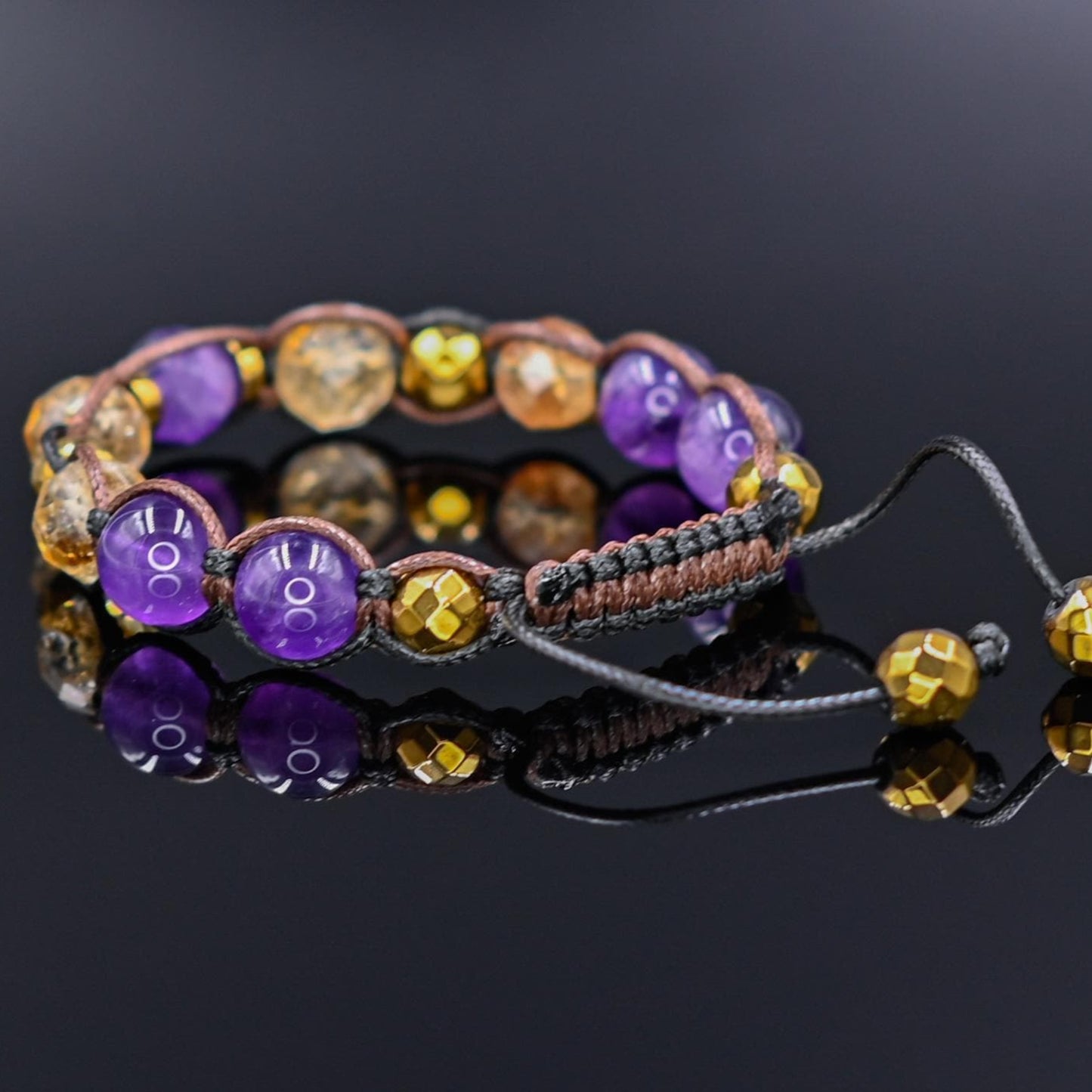 Genuine Citrine Amethyst Crystal Beaded Bracelet, Women's Gemstone Hematite Adjustable Braided Bracelet, Gift for Her, Women's Gift - Shamballa Bracelet - Birthstone Bracelet - Yoga Bracelet - Gemstone Bracelet Women - Chakra Bracelet - Macrame Bracelet - Healing Bracelet - Valinde