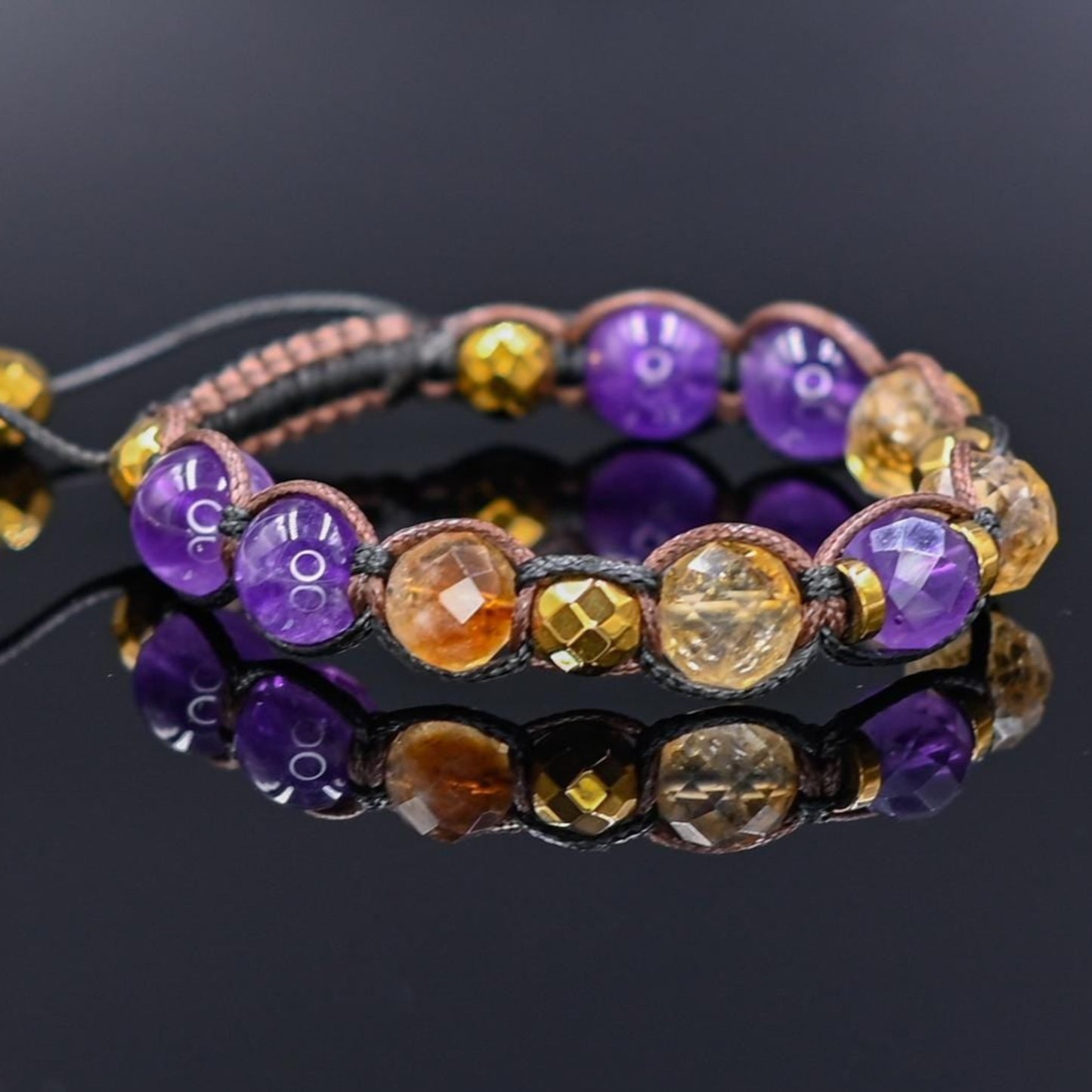 Genuine Citrine Amethyst Crystal Beaded Bracelet, Women's Gemstone Hematite Adjustable Braided Bracelet, Gift for Her, Women's Gift - Shamballa Bracelet - Birthstone Bracelet - Yoga Bracelet - Gemstone Bracelet Women - Chakra Bracelet - Macrame Bracelet - Healing Bracelet - Valinde