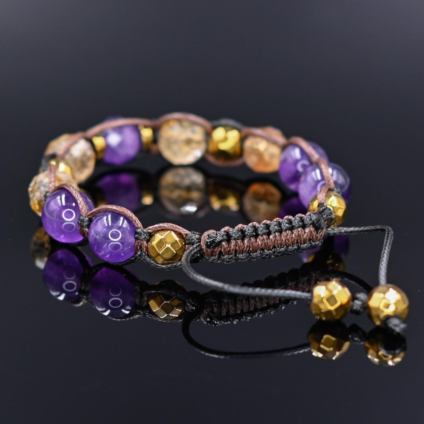 Genuine Citrine Amethyst Crystal Beaded Bracelet, Women's Gemstone Hematite Adjustable Braided Bracelet, Gift for Her, Women's Gift - Shamballa Bracelet - Birthstone Bracelet - Yoga Bracelet - Gemstone Bracelet Women - Chakra Bracelet - Macrame Bracelet - Healing Bracelet - Valinde
