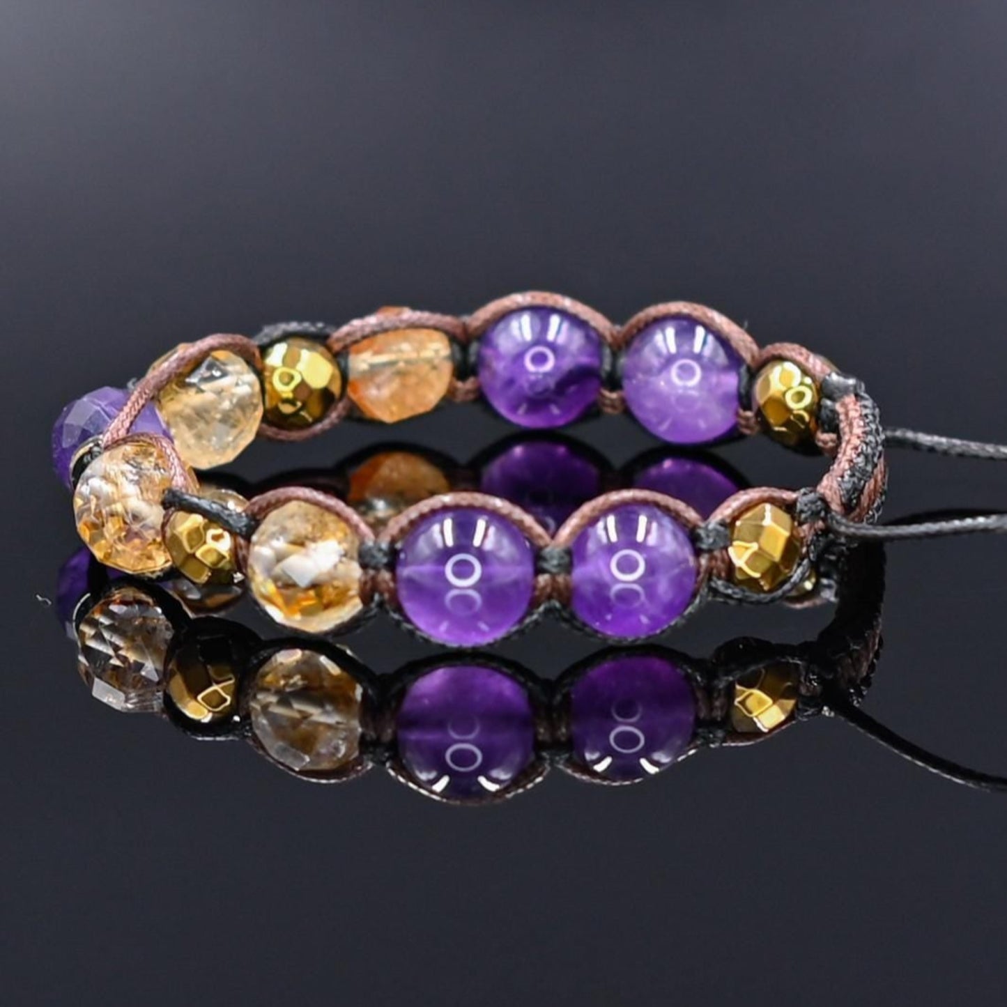 Genuine Citrine Amethyst Crystal Beaded Bracelet, Women's Gemstone Hematite Adjustable Braided Bracelet, Gift for Her, Women's Gift - Shamballa Bracelet - Birthstone Bracelet - Yoga Bracelet - Gemstone Bracelet Women - Chakra Bracelet - Macrame Bracelet - Healing Bracelet - Valinde