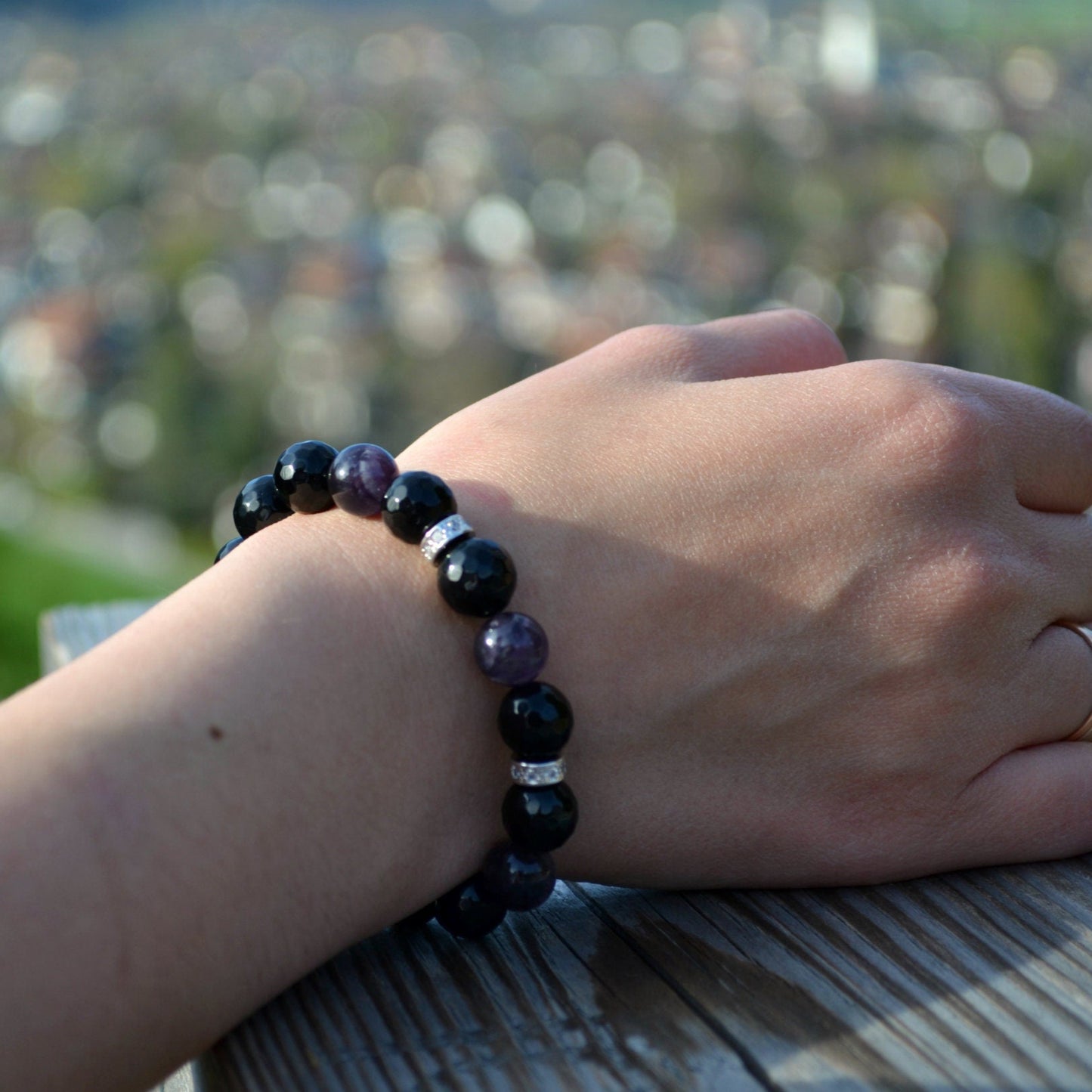 Women's Faceted Agate Beads Bracelet Amethyst Crystal Bracelet Gift for Her Gift for Wife Cubic Zirconia Bracelet Black Adjustable Bracelet Healing Bracelet Birthstone Bracelet
