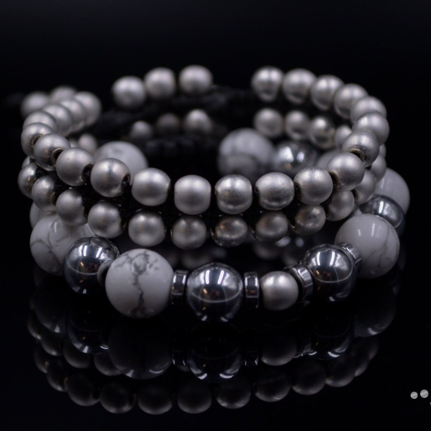 Women's Howlite and Hematite Bracelet Set / Adjustable Bracelets / Gift for Woman / Silver Hematite Bracelet / Double Row Bracelet for Woman - Shamballa Bracelet - Birthstone Bracelet - Gemstone Bracelet Men - Chakra Bracelet - Macrame Bracelet - Healing Bracelet - Valinde