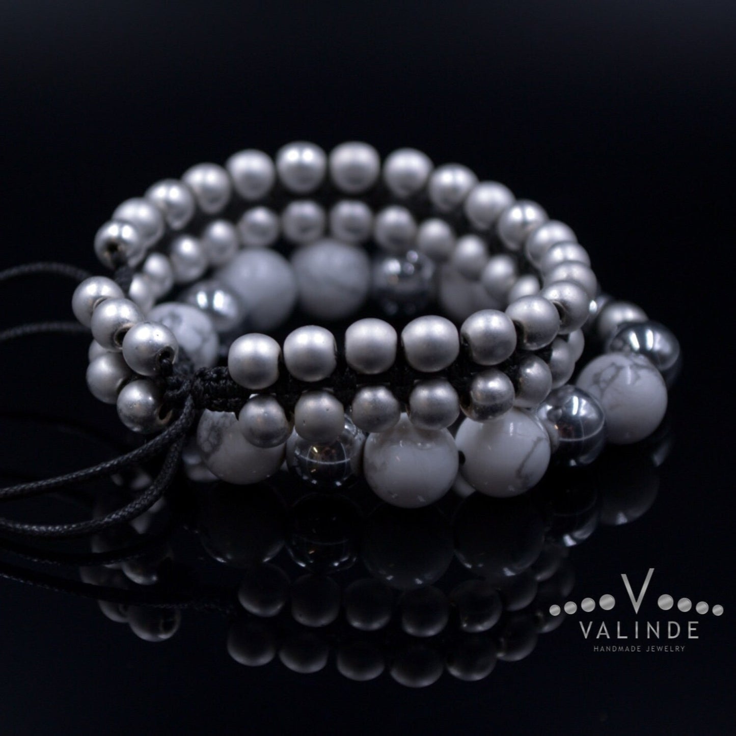Women's Howlite and Hematite Bracelet Set / Adjustable Bracelets / Gift for Woman / Silver Hematite Bracelet / Double Row Bracelet for Woman - Shamballa Bracelet - Birthstone Bracelet - Gemstone Bracelet Men - Chakra Bracelet - Macrame Bracelet - Healing Bracelet - Valinde