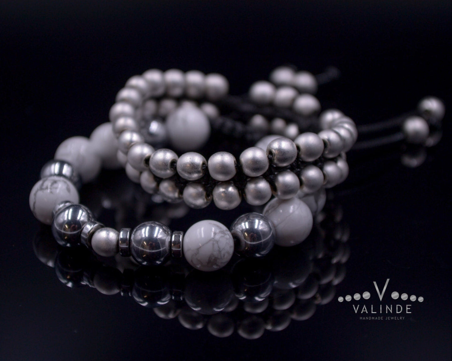 Women's Howlite and Hematite Bracelet Set / Adjustable Bracelets / Gift for Woman / Silver Hematite Bracelet / Double Row Bracelet for Woman - Shamballa Bracelet - Birthstone Bracelet - Gemstone Bracelet Men - Chakra Bracelet - Macrame Bracelet - Healing Bracelet - Valinde