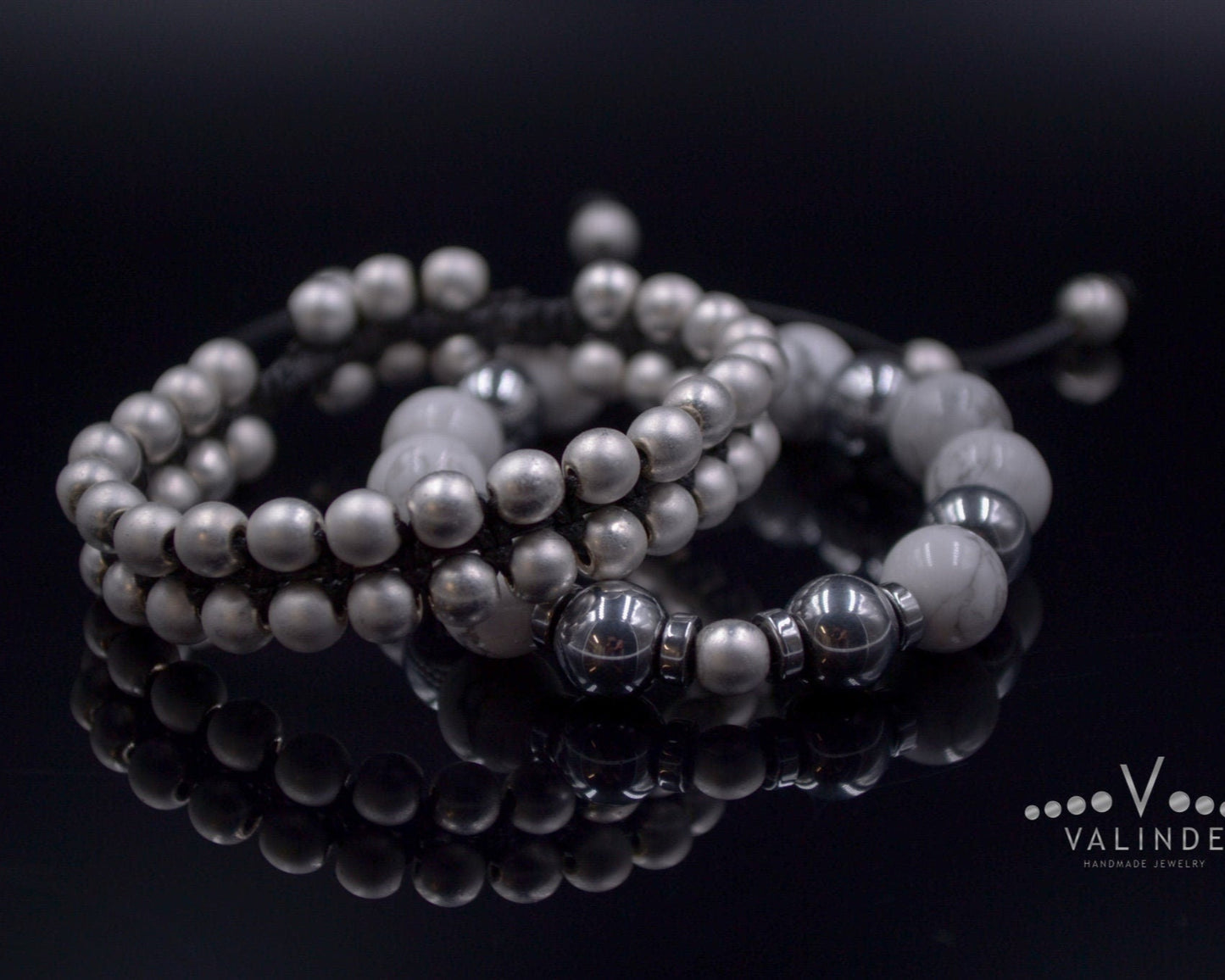 Women's Howlite and Hematite Bracelet Set / Adjustable Bracelets / Gift for Woman / Silver Hematite Bracelet / Double Row Bracelet for Woman - Shamballa Bracelet - Birthstone Bracelet - Gemstone Bracelet Men - Chakra Bracelet - Macrame Bracelet - Healing Bracelet - Valinde