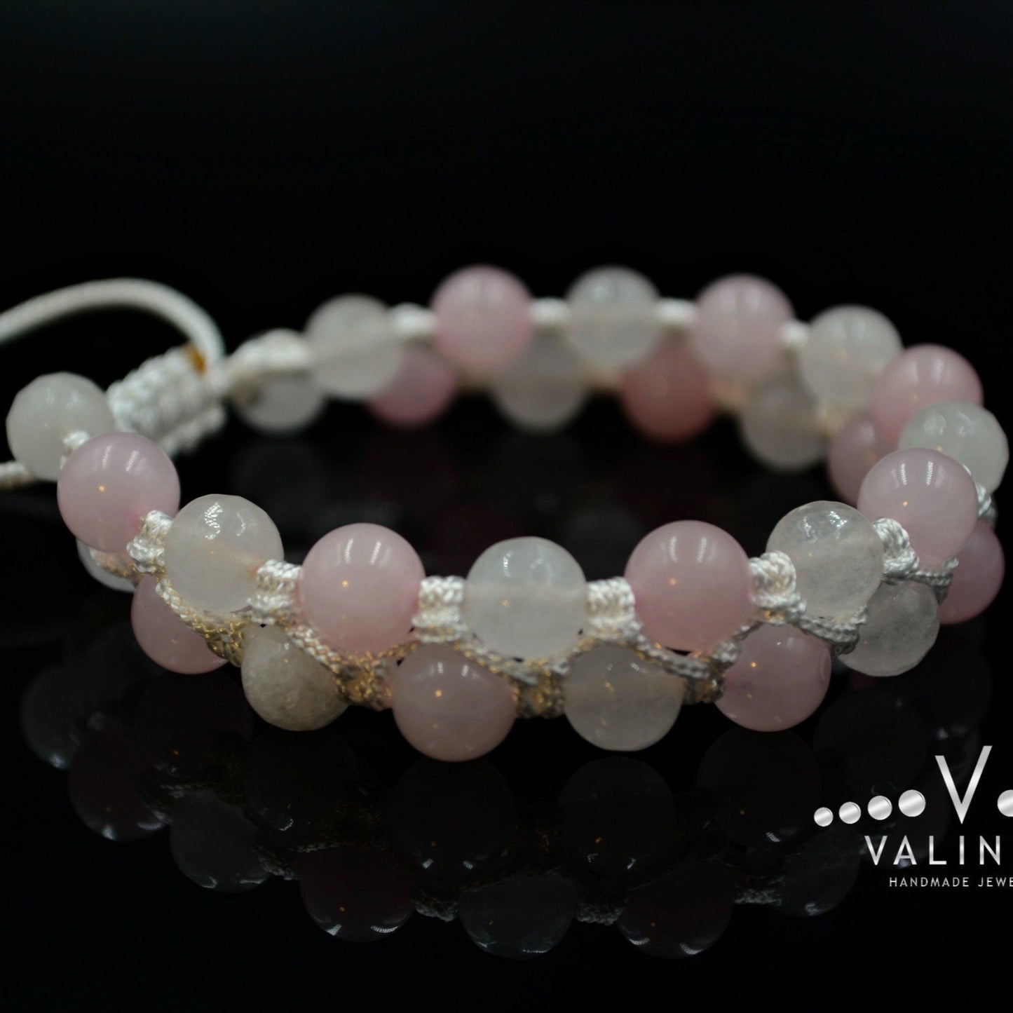Women's White Nephrite Double Bracelet Rose Quartz Bracelet Macrame Bracelet Double Row Bracelet Gift for Women Adjustable Crystal Bracelet - Shamballa Bracelet - Birthstone Bracelet - Gemstone Bracelet Men - Chakra Bracelet - Macrame Bracelet - Healing Bracelet - Valinde