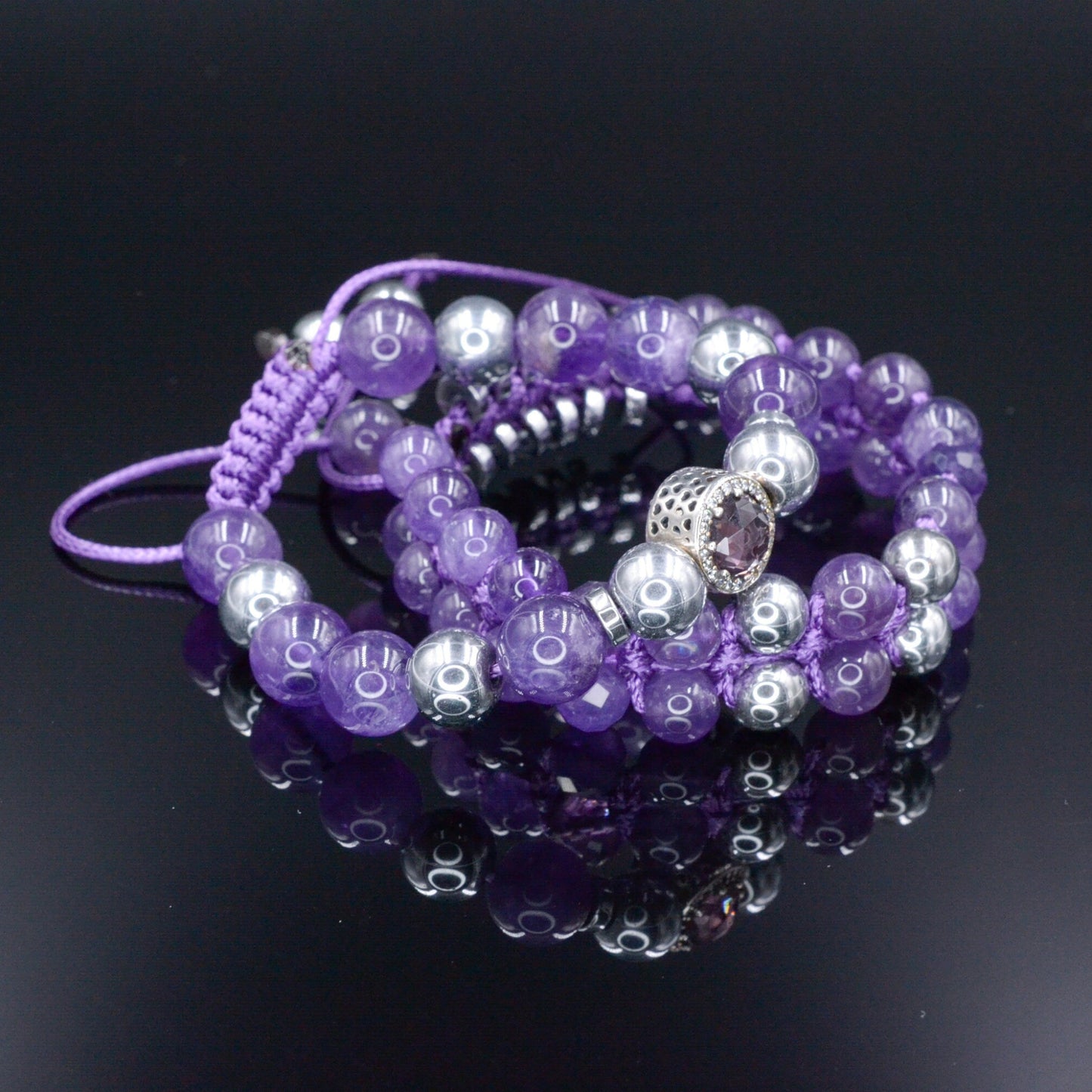 Women's Genuine Amethyst Bracelet Set - 925 Silver Bead Bracelet - Hematite Bracelet - Gift for Woman - Adjustable Crystal Bracelet - Shamballa Bracelet - Birthstone Bracelet - Gemstone Bracelet Men - Chakra Bracelet - Macrame Bracelet - Healing Bracelet - Valinde