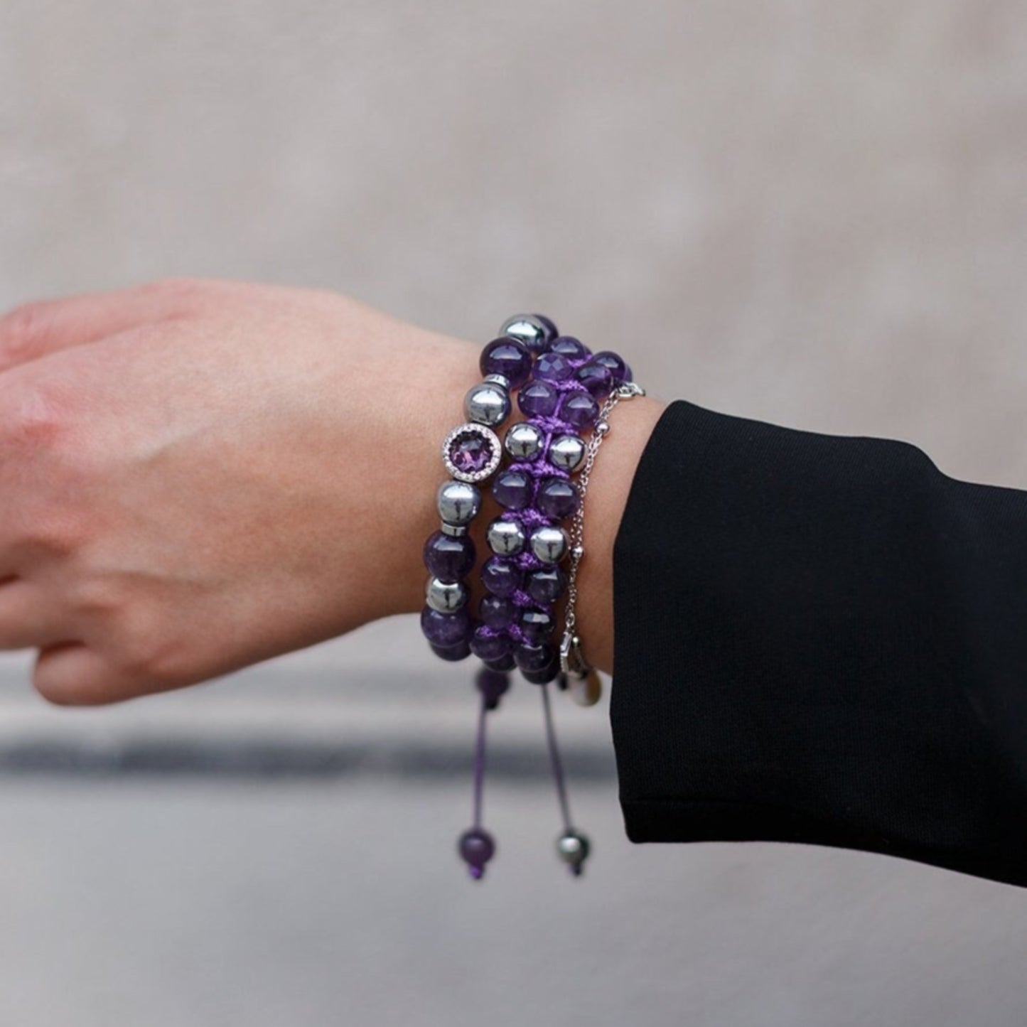 Women's Genuine Amethyst Bracelet Set - 925 Silver Bead Bracelet - Hematite Bracelet - Gift for Woman - Adjustable Crystal Bracelet - Shamballa Bracelet - Birthstone Bracelet - Gemstone Bracelet Men - Chakra Bracelet - Macrame Bracelet - Healing Bracelet - Valinde