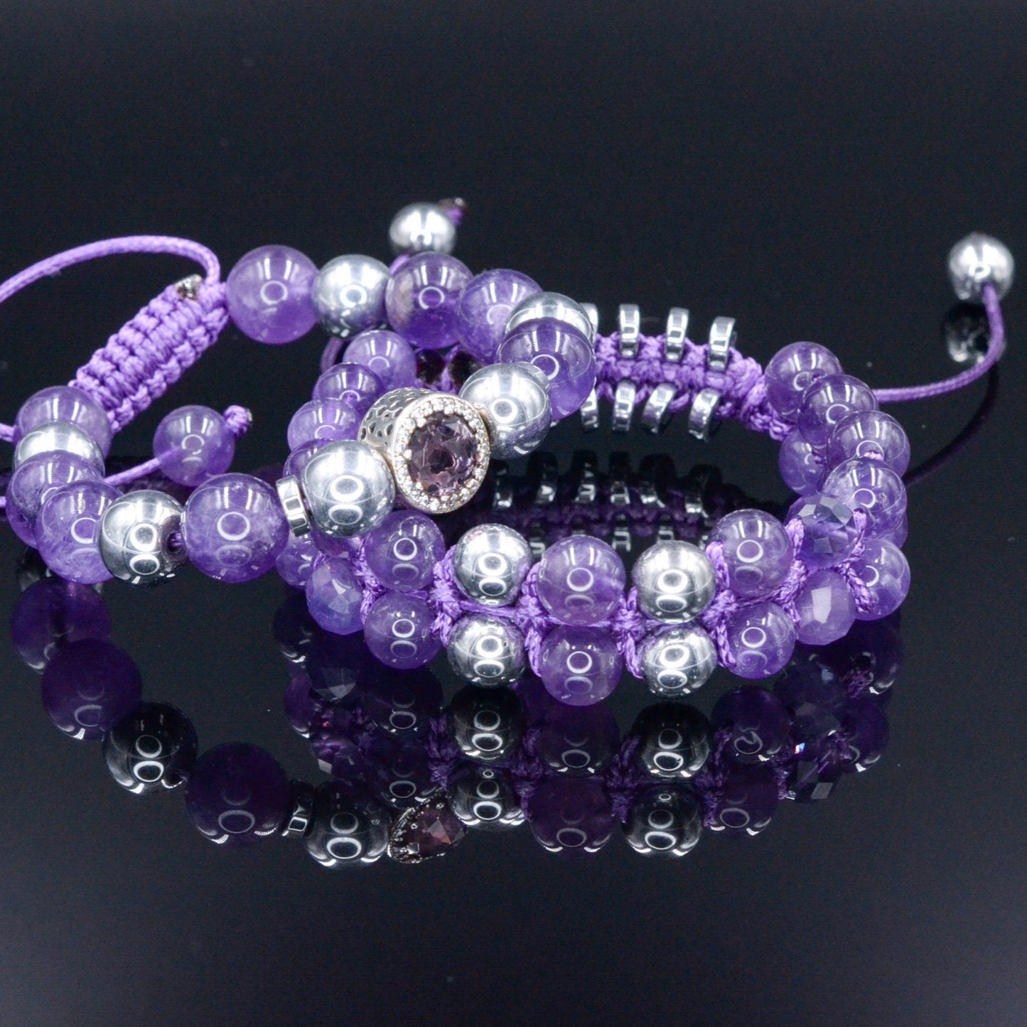 Women's Genuine Amethyst Bracelet Set - 925 Silver Bead Bracelet - Hematite Bracelet - Gift for Woman - Adjustable Crystal Bracelet - Shamballa Bracelet - Birthstone Bracelet - Gemstone Bracelet Men - Chakra Bracelet - Macrame Bracelet - Healing Bracelet - Valinde