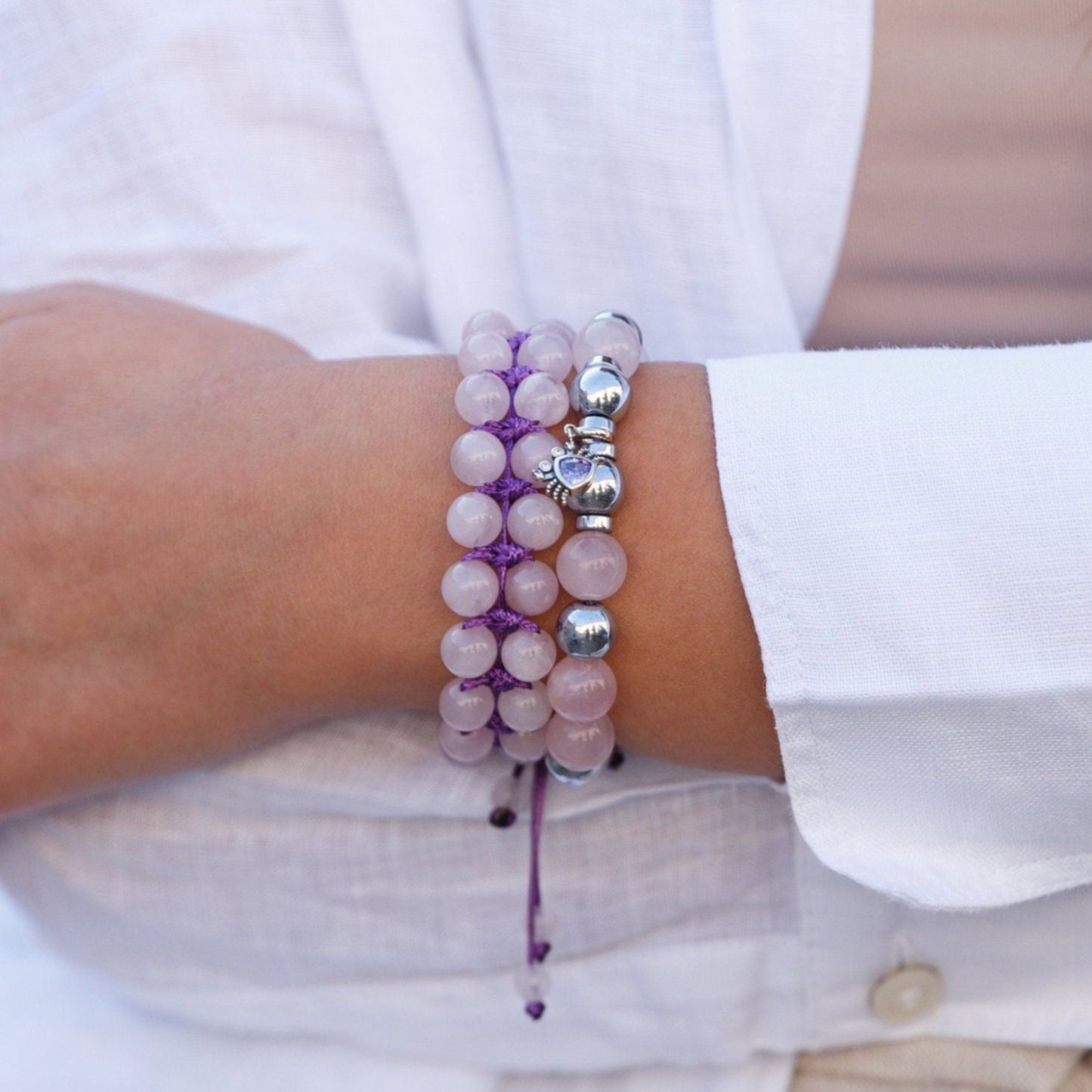 Damen Rosenquarz Armband Set - 925 Sterling Silber Krabben Armband - Geschenk für Frauen - Verstellbares Makramee Armband - Hämatit Armband - Shamballa Bracelet - Birthstone Bracelet - Gemstone Bracelet Men - Chakra Bracelet - Macrame Bracelet - Healing Bracelet - Valinde