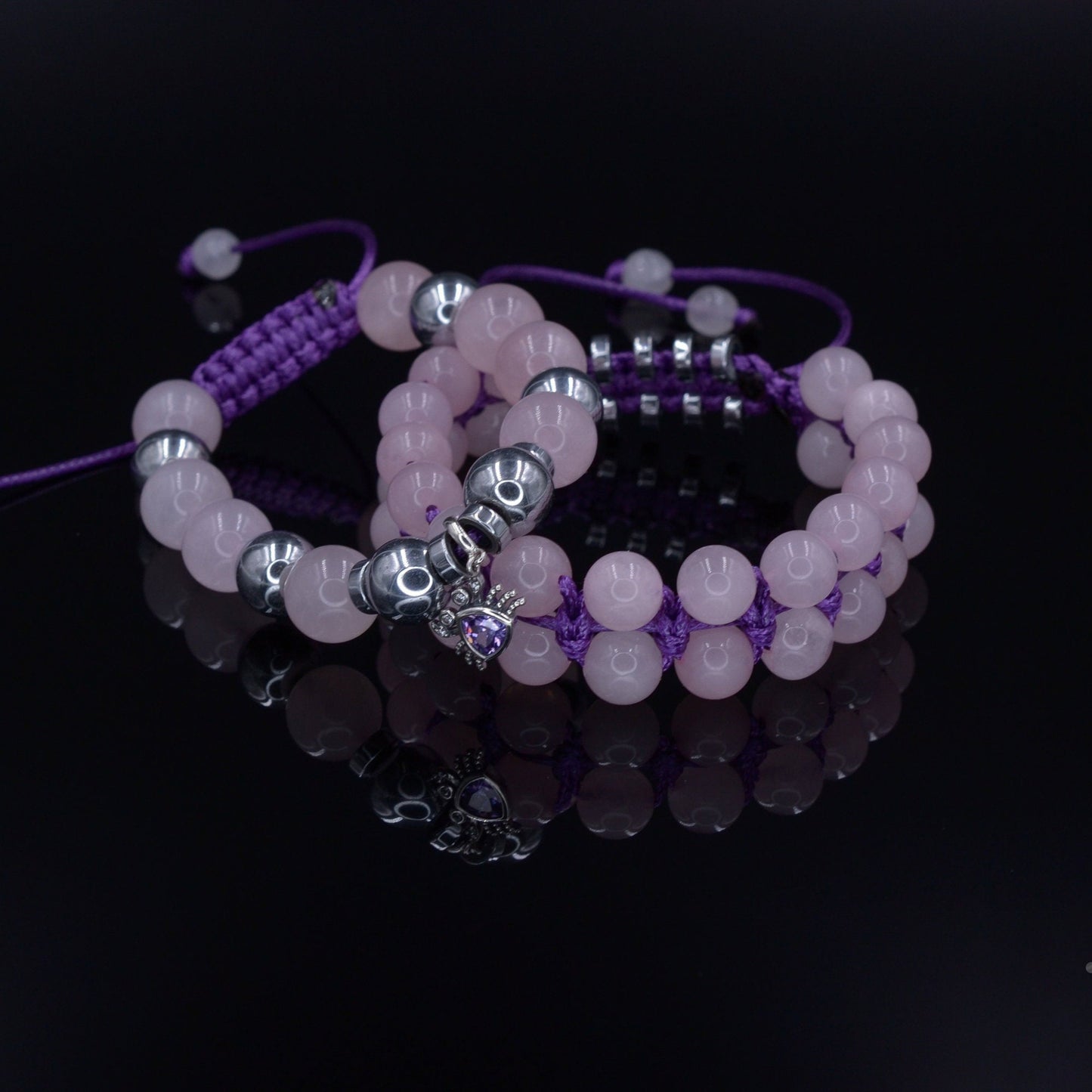 Damen Rosenquarz Armband Set - 925 Sterling Silber Krabben Armband - Geschenk für Frauen - Verstellbares Makramee Armband - Hämatit Armband - Shamballa Bracelet - Birthstone Bracelet - Gemstone Bracelet Men - Chakra Bracelet - Macrame Bracelet - Healing Bracelet - Valinde