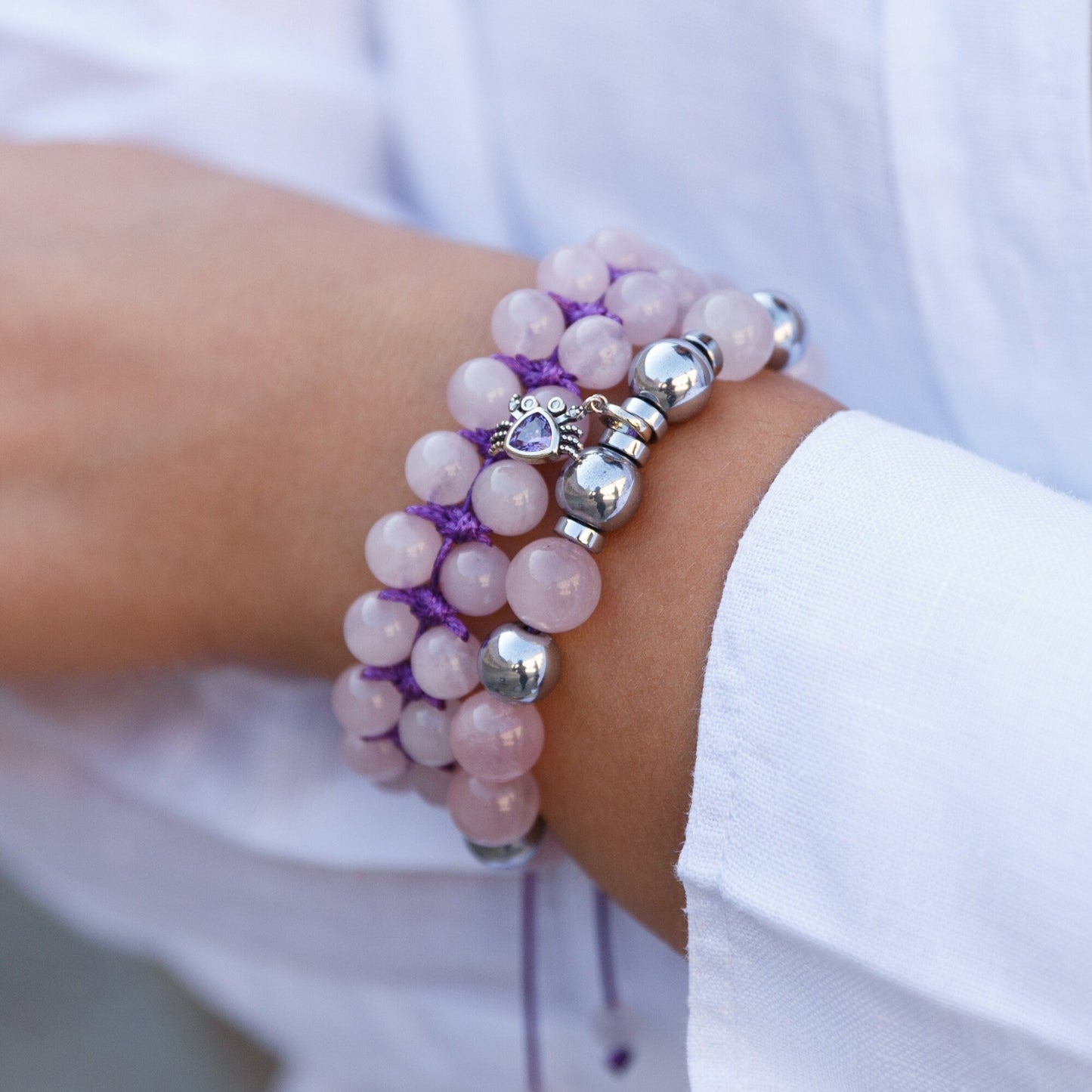Damen Rosenquarz Armband Set - 925 Sterling Silber Krabben Armband - Geschenk für Frauen - Verstellbares Makramee Armband - Hämatit Armband - Shamballa Bracelet - Birthstone Bracelet - Gemstone Bracelet Men - Chakra Bracelet - Macrame Bracelet - Healing Bracelet - Valinde