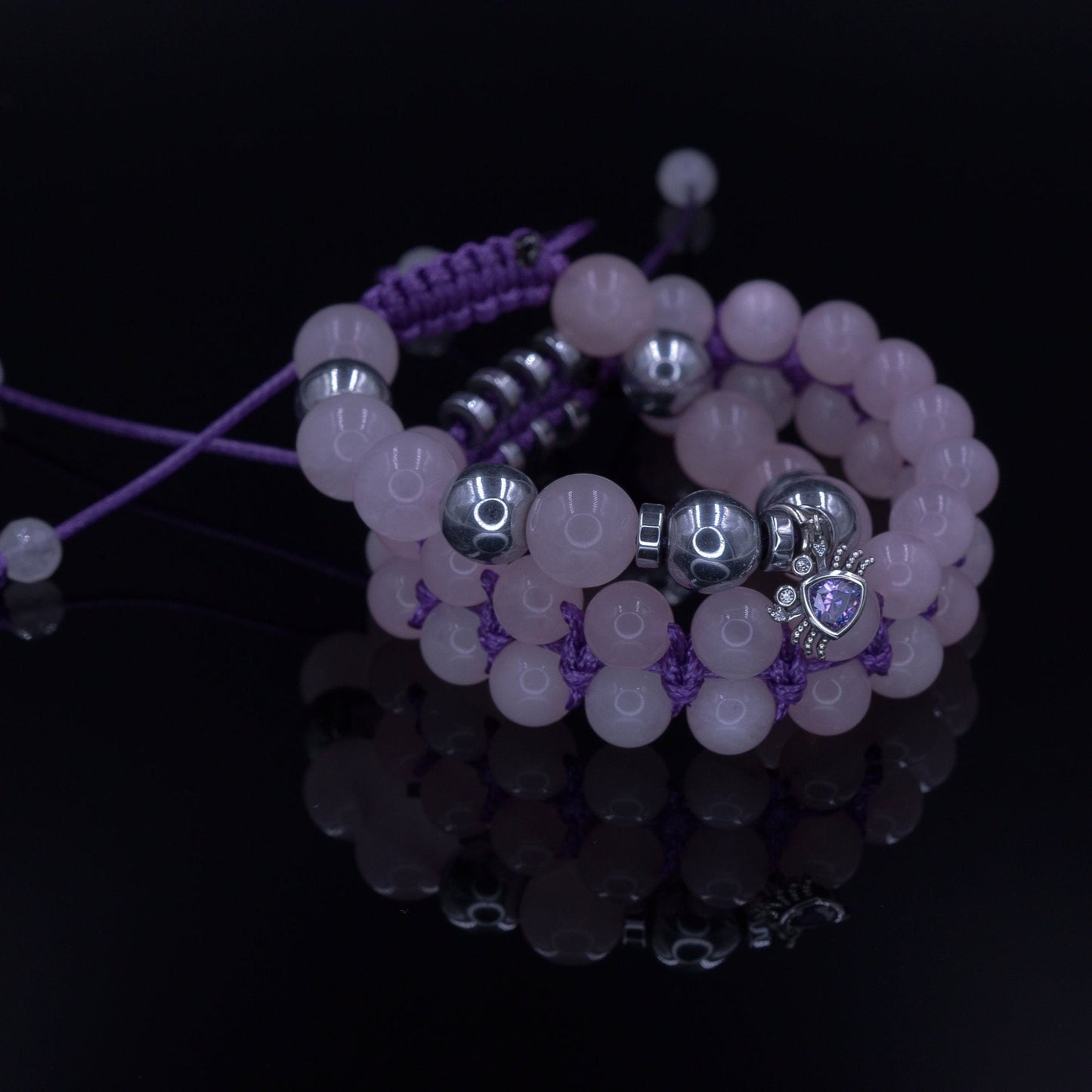 Damen Rosenquarz Armband Set - 925 Sterling Silber Krabben Armband - Geschenk für Frauen - Verstellbares Makramee Armband - Hämatit Armband - Shamballa Bracelet - Birthstone Bracelet - Gemstone Bracelet Men - Chakra Bracelet - Macrame Bracelet - Healing Bracelet - Valinde