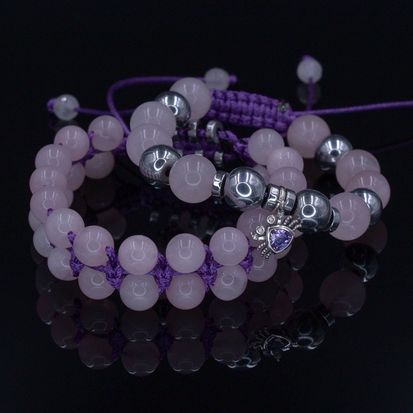 Damen Rosenquarz Armband Set - 925 Sterling Silber Krabben Armband - Geschenk für Frauen - Verstellbares Makramee Armband - Hämatit Armband - Shamballa Bracelet - Birthstone Bracelet - Gemstone Bracelet Men - Chakra Bracelet - Macrame Bracelet - Healing Bracelet - Valinde
