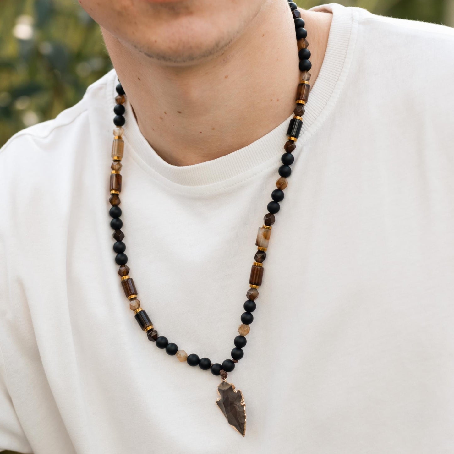 Men's Protection Necklace, Brown Agate Onyx Adjustable Necklace,Pendant Necklace, Long Beaded Necklace, Gift for Men, Gift for Him - Shamballa Necklace - Birthstone Necklace - Gemstone Necklace Men - Chakra Necklace - Macrame Necklace - Healing Necklace - Valinde