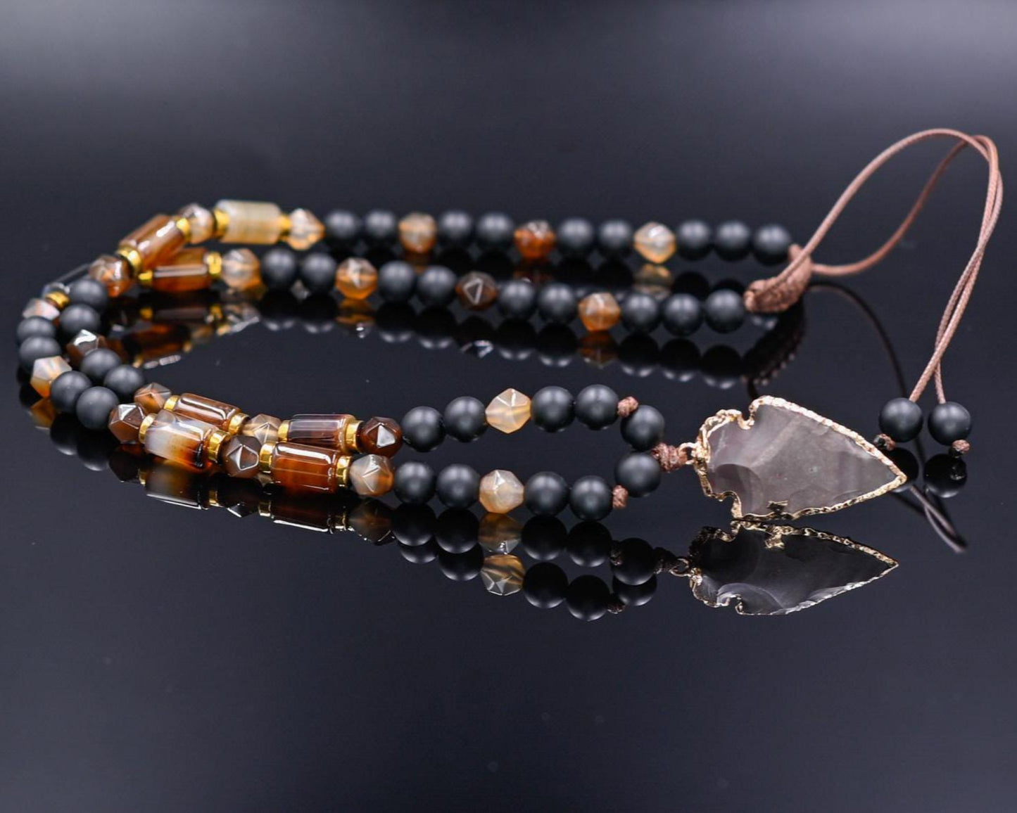 Men's Protection Necklace, Brown Agate Onyx Adjustable Necklace,Pendant Necklace, Long Beaded Necklace, Gift for Men, Gift for Him - Shamballa Necklace - Birthstone Necklace - Gemstone Necklace Men - Chakra Necklace - Macrame Necklace - Healing Necklace - Valinde