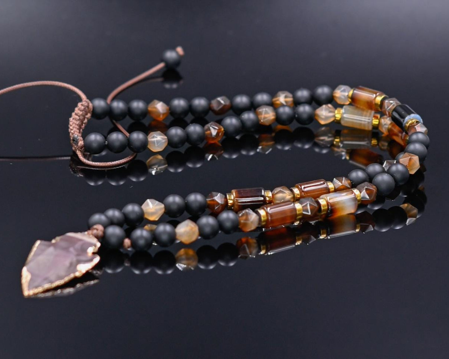 Men's Protection Necklace, Brown Agate Onyx Adjustable Necklace,Pendant Necklace, Long Beaded Necklace, Gift for Men, Gift for Him - Shamballa Necklace - Birthstone Necklace - Gemstone Necklace Men - Chakra Necklace - Macrame Necklace - Healing Necklace - Valinde